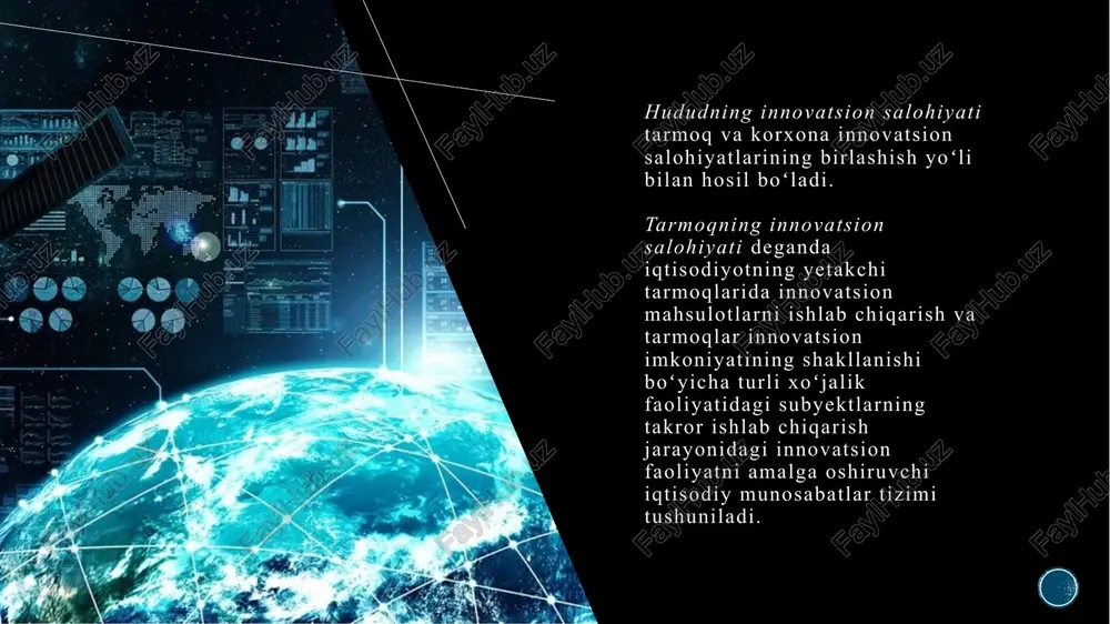 tsion faoliyat rivojlanishiga toʻsqinlik qiluvchi omillar ham mavjud boʻlib, ular texnologik ishlanmalar va ilmiy tadqiqotlarni moliyalashtirishning past darajasi, yosh olimlarning moddiy va moliyaviy jihatdan yetarli darajada qoʻllab-quvvatlanmasligi hamda innovatsion obyektlarning yetarli axborot bilan ta‘minlamayotganligida oʻz aksini topadi. 16 17 milliy iqtisodiyotning innovatsion salohiyati rivojlanishiga toʻsqinlik qiluvchi omillarni ikkita guruhga boʻlib koʻrsatish mumkin: problems innovatsion salohiyatning sifat tarkibini belgilab beruvchi trasformatsion omillar milliy iqtisodiyotning innovatsion faoliyat bilan shugʻullanishga tayyorgarligini koʻrsatuvchi va innovatsion salohiyat mavjudligi hamda uni realizatsiya qilishni belgilab beruvchi chegaralarni ifodalovchi transaksion omillar yuqori iqtisodiy tavakkalchilik, pul mablagʻlari tanqisligi, malakali xodimlarning yetishmasligi, innovatsiyalarni ishlab chiqish va bozorga kiritish qiymatining yuqoriligi, moddiy va ilmiy-texnik bazaning sustligi hamda uning eskirganlik darajasining yuqoriligi 01 transformatsion omillar davlat va tadbirkorlik sektori oʻrtasida ishonchli, samarali oʻzaro ta‘sir mexanizmlari hamda innovatsion madaniyatning mavjud emasligi, innovatsion faoliyatni qoʻllab- quvvatlovchi me‘yoriy-huquqiy bazaning nomukammalligi, mamlakatda innovatsion faoliyatni ragʻbatlantiruvchi soliq imtiyozlari, subsidiya va boshqa preferensiyalarning yoʻqligi, yangi texnologiyalar, sotuv bozorlari …
