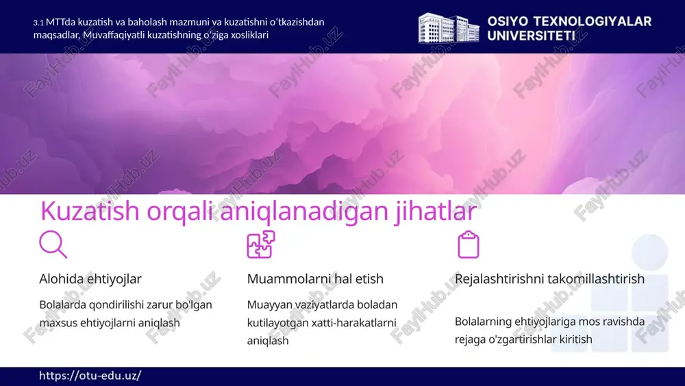 3 bolalarni maktab ta`limiga tayorlashda oila bilan hamkorlik. bolalarni boshlang‘ich ta’limga to‘lovsiz majburiy bir yillik tayyorlash bo‘yicha guruhlar ishiga oilalarni jalb qilishning foydaliligi. oilalar bilan muloqot qilish tamoyillari, hamkorlik imkoniyatlari 15 maktabga tayyorgarlik bo'yicha ota-onalarga tavsiyalar kundalik rejim maktab rejimiga mos kundalik tartibni shakllantirish mustaqillikni qo'llab-quvvatlash bolaning mustaqil harakatlarini rag'batlantirish bilim va ko'nikmalarni rivojlantirish o'yin va kundalik faoliyat orqali bilim va ko'nikmalarni mustahkamlash ijtimoiy tajribani kengaytirish bolani turli ijtimoiy vaziyatlarga jalb etish 3.3bolalarni maktab ta`limiga tayorlashda oila bilan hamkorlik. bolalarni boshlang‘ich ta’limga to‘lovsiz majburiy bir yillik tayyorlash bo‘yicha guruhlar ishiga oilalarni jalb qilishning foydaliligi. oilalar bilan muloqot qilish tamoyillari, hamkorlik imkoniyatlari. 16 "ilm yo'li" variativ dasturi maqsad 6-7 yoshli bolalarni har tomonlama rivojlantirish va maktab ta'limiga tayyorlash asosiy tamoyil bola ta'limiy faoliyatning yetakchi ishtirokchisi sifatida qaraladi qamrov rivojlanishning 5 muhim sohasi bo'yicha kompleks yondashuv 3.4 ilm yo’li variativ dasturi, dasturga kiritilgan yangiliklar, mashgulot jarayonida qo’llash. 17 dasturning o'ziga xos jihatlari …