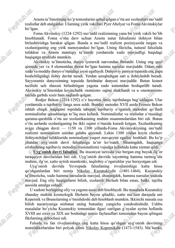 inicha, harakat manbaidir. masalan, ota va ona bolaning ulgayishi sababchisidir. arastu pirovard sabab (maqsad sabab) vositasida insonga xos bo’lgan maqsadni tabiat hodisalariga ham tatbiq etmoqchi bo’lgan. harakat olam singari abadiydir. ayni paytda, olam o’zining abadiy sababi, ya’ni harakatlantiruvchi kuchiga ega. arastuning jamiyat va davlat to’g’risidagi ta’limoti «davlat», «siyosat» kabi asarlarida bayon etilgan. uning fikricha, davlat boshqaruvi jamiyatning erkin va farovon hayoti uchun xizmat qilishi lozim. baxtli hayot mazmuni faqat moddiy mul-kulchilik bilan belgilanmaydi, balki seroblik ma’naviy boylik bilan uyg’un bo’lgandagina, jamiyat baxtli hayot kechiradi. davlatning boyligi, asosan, o’rtacha mulkga ega bo’lgan fuqarolarning mehnati bilan ta’minlanadi. arastuning bu boradagi qarashlari bugungi kunda vatanimizda kichik va o’rta bizness sohasini rivojlantirish yo’lida olib borilayotgan islohotlar mohiyatiga juda hamohangdir. yunon falsafasida demokritning qarashlari ham muhim o’rin tutadi. u haqiqiy borliq — moddiy dunyo, abadiy va poyonsiz, cheksiz-chegarasiz reallikdir, olam mayda moddiy zarrachalardan, ya’ni atomlardan va bo’shliqdan iborat deya ta’lim beradi. atomlar va bo’shliq o’zaro …