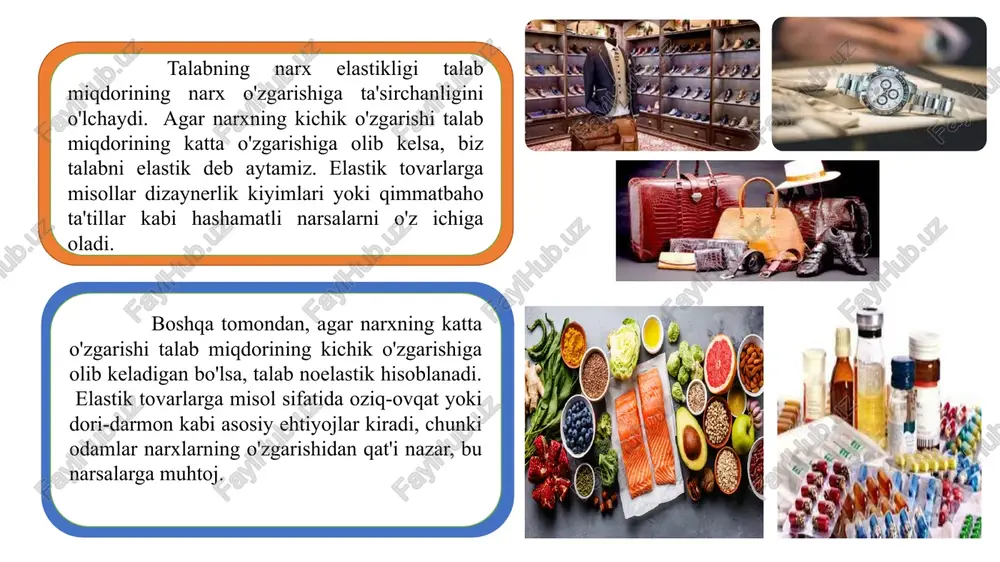 g va tovar narxining o’zgargan qiymatlari 2 1 1 2 1 2 d p  p2  p1   q  q p  q2  q1   2  q2  q1  p2  p1 q2  q1 p  p q1 p2  p1 p2  p1 q2  q1 yoysimon elastiklik d p qd 2 1 q2=50 q1=100 p1=40 p2=80 d p  50 100 80  40    1 80  40 50 100 yoysimon elastiklik = ((q2 - q1) / ((q2 + q1) / 2)) / ((p2 - p1) / ((p2 + p1) / 2)) masalan, agar mahsulot narxi 10 dollardan 15 dollarga oshsa va talab miqdori 100 dan 80 dollarga kamaysa, yoyning elastikligi quyidagicha bo'ladi: ark elastikligi = ((80 - 100) / ((80 + 100) / 2)) / ((15 - 10) / ((15 + 10) / 2)) = (-20 …