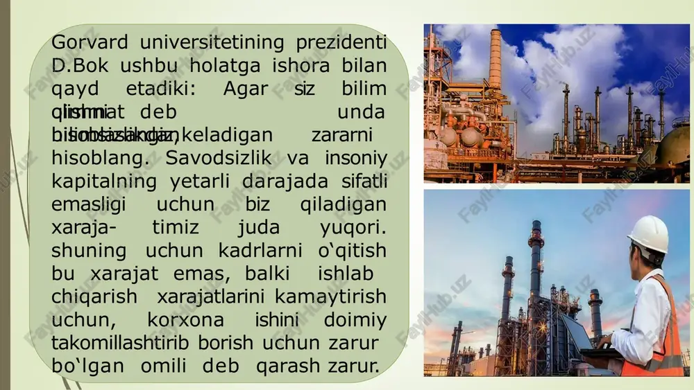 iqlab olish bo‘yicha bajariladigan jarayon va ish tartibidir. sanoatda kadrlar malakasini oshirish hamda ularni qayta tayyorlash tizimini tashkil etish va rivojlantirish uchun quyidagilar zarur: -kadrlar malakasini oshirish va ularni qayta tayyorlash tizimi faoliyatida yangicha tarkib, mazmun hamda bu tizimni boshqarishni shakllantirish; -yuqori malakali o‘qituvchi – mutaxassis kadrlar tayyorlash va sohani ular bilan to‘ldirib borishni ta’minlash; -kadrlar malakasini oshirish va ularni qayta tayyorlash tizimining bu sohada raqobatga asoslangan muhitini shakllantirish va samarali faoliyat olib borishni ta’minlovchi normativ bazasini yaratish; -kadrlar malakasini oshirish va ularni qayta tayyorlash ta’lim muassasalarini davlat attestatsiyasi va akkreditatsiyasidan o‘tkazish tizimini ishlab chiqish va amaliyotga joriy etish; -iqtisodiyotning davlat va nodavlat sektorlari, mulkchilikning turli shaklidagi tashkilot va muassasalarning talab-ehtiyojlariga muvofiq kadrlar va mutaxassislarni ildam qayta tayyorlash va ularning malaka- sini oshirishni ta’minlovchi davlat va nodavlat ta’lim muassasalarini tashkil etish va rivojlantirishga ko‘maklashish; -professional treningning ilg‘or texnologiya va uskunalarini, shuningdek, murakkab, fan yutuqlarini talab qiluvchi texnologiya jarayon- lari imitatorlarini …