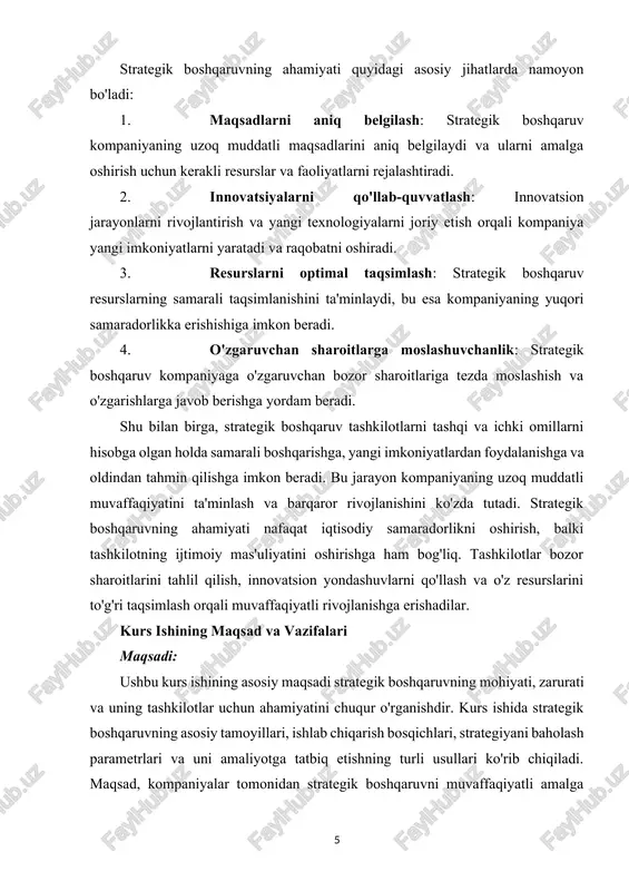 rganish: strategik boshqaruv jarayonining barcha bosqichlarini tahlil qilish, shu jumladan strategiyani ishlab chiqish, amalga oshirish va baholash. har bir bosqichning maqsadi va amalga oshirishda qanday usullarni qo'llash kerakligini aniqlash. 3. strategiyani baholash parametrlarini o'rganish: strategik boshqaruvning samaradorligini baholash uchun zarur bo'lgan parametrlarni aniqlash. bu parametrlarga iqtisodiy ko'rsatkichlar, bozor ulushi, raqobatbardoshlik va boshqalar kiradi. kurs ishida bu parametrlarning qanday ishlatilishini va kompaniya strategiyasini baholashda qanday ahamiyatga ega ekanligini o'rganish. 4. kompaniyaning strategik pozitsiyasini tahlil qilish: kompaniyalar o'zining ichki va tashqi muhitini tahlil qilish orqali o'z strategiyalarini shakllantiradilar. swot tahlili, pest tahlili kabi vositalar yordamida kompaniyaning strategik pozitsiyasini baholash. 5. swot va pest tahlilini qo'llash: swot va pest tahlilini o'rganish va kompaniyaning strategik holatini tahlil qilishda ularning rolini ko'rsatish. bu tahlillarni amalga oshirish orqali kompaniyaning kuchli va zaif tomonlari, imkoniyatlari va tahdidlarini aniqlash. 6. ziyo fayz korxonasining strategiyasini tahlil qilish: ziyo fayz kompaniyasining strategik boshqaruv amaliyotini o'rganish va uning strategik rejalari va …