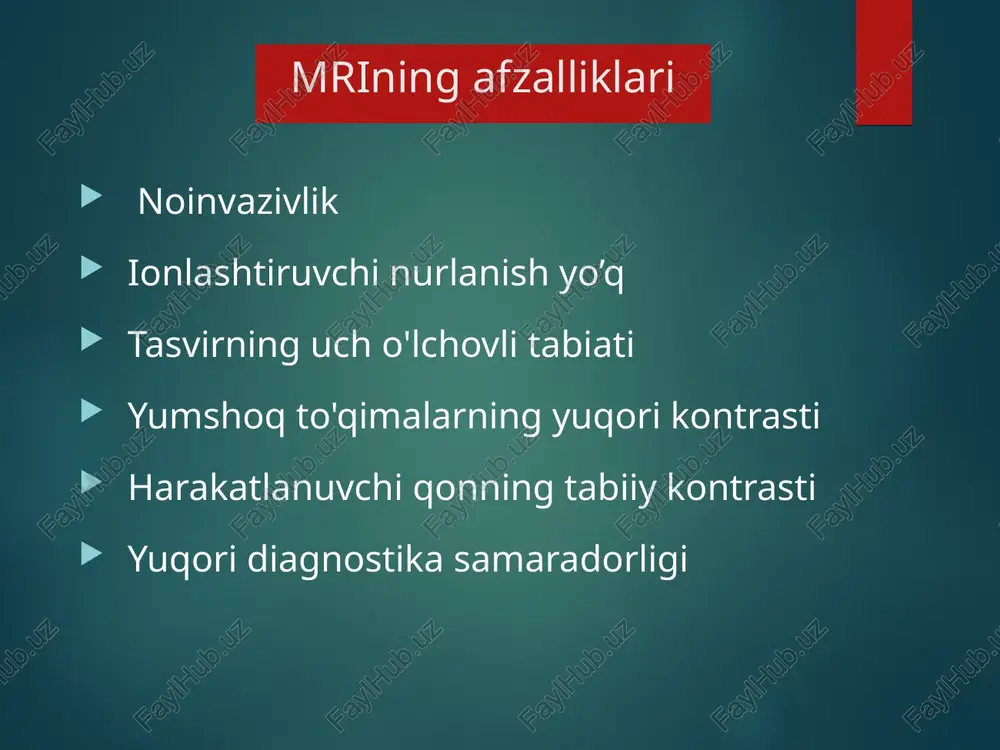 tiy otrostok mejpozvonkoviy disk (fibroznoe koltso) * bel dumg’aza sohasi mrtsi miyelografiya aksial kesimda umurtqa kanali o’tkir o’simta fesotik boylam umurtqalararo disk umurtqa kanali dumg’aza o’simtasi * kaft mrtsi tirsak suyagi bilak suyagi ladevidnaya kost yarimoysimon suyak suxojilie loktevogo razgibatelya kisti golovchataya kost * mrt organov bryushnoy polosti t1-vzveshennoe izobrajenie pravaya dolya pecheni levaya dolya pecheni pozvonok nijnyaya polaya vena aorta nojka diafragmi jeludok selezenka tolstaya kishka adenoma nadpochechnika xvost podjeludochnoy jelezi * qorin bo’shlig’i a’zolari mrtsi dvenadtsatiperstnaya kishka pechen nijnyaya polaya vena jeludok podjeludochnaya jeleza tolstaya kishka * qorinpardaorti a’zolari mptsi o’ng o’pka chap buyrak aorta buyrak arteriyasi pastiki toq vena * qorin bo’shlig’i kontrastli mrtsi najmite na izobrajenie dlya prosmotra video * mr-xolangiopankriatografiya umumiy o’t yo’li virsungov yo’li o’t qopi yo’li ( o’t pufagi olib tashlangan) umumiy jigar yo’li o’ng jigar yo’li chap jigar yo’li * mr urografiya siydik pufagi siydik kanali jom jomchalar umurtqa kanali * mochevoy …