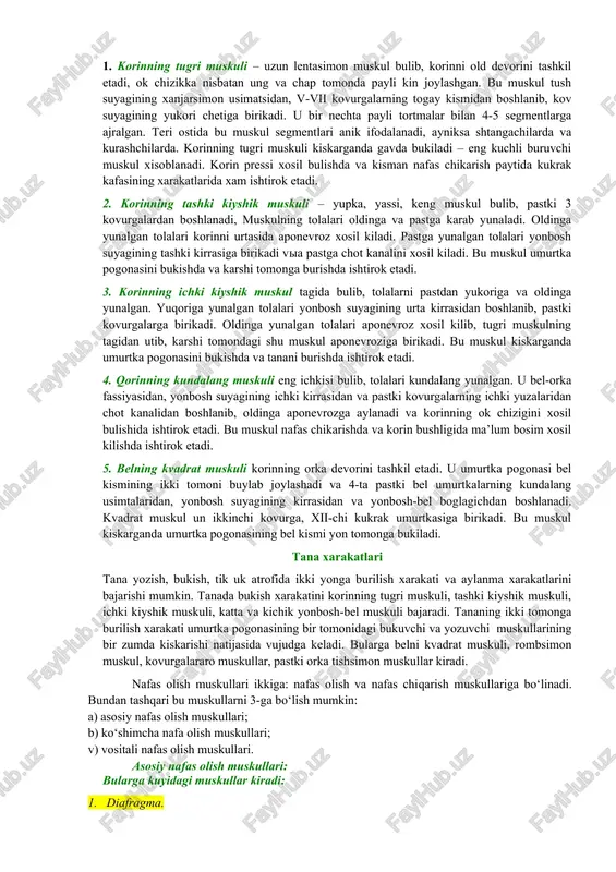 kiradi. bu muskullar ichki kovurgalararo muskullarga nisbatan sinergist xisoblanadi va ular xam nafas olishda ishtirok etadilar. nafas olish muskullari ikkiga: nafas olish va nafas chiqarish muskullariga bo‘linadi. bundan tashqari bu muskullarni 3-ga bo‘lish mumkin: a) asosiy nafas olish muskullari; b) ko‘shimcha nafa olish muskullari; v) vositali nafas olish muskullari. korin muskullari va fassiyalari korin muskullari korin bushligini oldingi, yon va orka devorlarni xosil kiladi. chap va ung tomonda joylashgan muskullar orasida tananing urta chizigi buylab korinning ok chizigi ifodalanadi. ok chizik tush suyagining xanjarsimon usimtasidan boshlanib, kov suyaklarining simfizigacha davom etadi. ok chizik bu korin pressini tashkil etuvchi muskullarni keng payli uchlarini yoki aponevrozlarini tutashib ketgan chegarasi xisoblanadi. 1. korinning tugri muskuli – uzun lentasimon muskul bulib, korinni old devorini tashkil etadi, ok chizikka nisbatan ung va chap tomonda payli kin joylashgan. bu muskul tush suyagining xanjarsimon usimatsidan, v-vii kovurgalarning togay kismidan boshlanib, kov suyagining yukori chetiga birikadi. u bir …