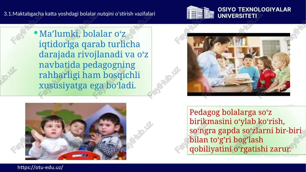8-9 kishidan iborat o‘yin guruhlari vujudga keladi 3.3.maktabgacha katta yoshdgi bolalar uchun rivojlantiruvchi markazlarda ishlash usullari bolalar hayotining yettinchi yilida tengdoshlari bilan do‘stona munosabatlarga bo‘lgan ehtiyoj keskin ortadi. bolalar o‘z tengdoshlariga nisbatan beradigan baholar umumlashtirilgan xususiyatga ega bo‘ladi va bu maktabgacha katta yoshdagi bolalarning mtmsidagi guruh hayotiga aloqadorligi tobora ortib borayotganidan dalolat beradi («hamma bilan do‘st»,agar uni kimdir hafa qilsa darrov yonini oladi. 3.3.maktabgacha katta yoshdgi bolalar uchun rivojlantiruvchi markazlarda ishlash usullari ahloq normalari va qoidalarini o‘zlashtirib olish natijasida bolada shakllanadigan etik o‘lchovlar uning universal insoniy qadriyatlarga munosabatini aks ettiradi, bola uni faqat o‘z shaxsiga nisbatan qo‘llash bilan cheklanib qolmaydi . ahloq normalari va qoidalarini o‘zlashtirib olish natijasida bolada shakllanadigan etik o‘lchovlar uning universal insoniy qadriyatlarga munosabatini aks ettiradi, bola uni faqat o‘z shaxsiga nisbatan qo‘llash bilan cheklanib qolmaydi o‘zi haqidagi bilimlari cheklanganligi tufayli kattalarning baholarini ishonib qabul qiladigan va o‘zini katta yoshli odamning fikri orqali qabul qiladigan ilk yoshdagi …