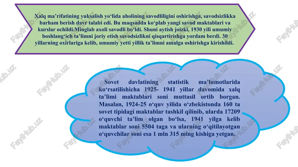 -avgustdagi “ta’lim to‘g‘risida”gi hamda “kadrlar tayyorlash milliy dasturi to‘g‘risida”gi qonunlar o‘z kuchini yo‘qotdi. ijtimoiy mavqeidan qat’iy nazar, har kimga ta’lim olish uchun teng huquqlar kafolatlanadi. ta`lim olish shakllari quyidagilardan iborat: • ishlab chiqarishdan ajralgan holda ta’lim olish (kunduzgi); • ishlab chiqarishdan ajralmagan holda ta’lim olish (sirtqi, kechki, masofaviy); • dual ta’lim; • oilada ta’lim olish va mustaqil ta’lim olish; • katta yoshdagilarni o‘qitish va ularga ta’lim berish; • inklyuziv ta’lim; • eksternat tartibidagi ta’lim; • mudofaa, xavfsizlik va huquqni muhofaza qilish faoliyati sohasida kadrlar tayyorlash. ta’lim turlari quyidagilardan iborat: • maktabgacha ta’lim va tarbiya; • umumiy o‘rta va o‘rta maxsus ta’lim; • professional ta’lim; • oliy ta’lim; • oliy ta’limdan keyingi ta’lim; • kadrlarni qayta tayyorlash va ularning malakasini oshirish; • maktabdan tashqari ta’lim. jahonning yuksak darajada taraqqiy etgan davlatlarda ta’lim-tarbiya ishlarining yo‘lga qo‘yilishi, maktablarda amalga oshirilganini o‘rganish orqali biz mustaqil respublikamiz milliy ta’lim tizimlarini yangitdan tashkil qilishda, ta’lim tarbiyada, …