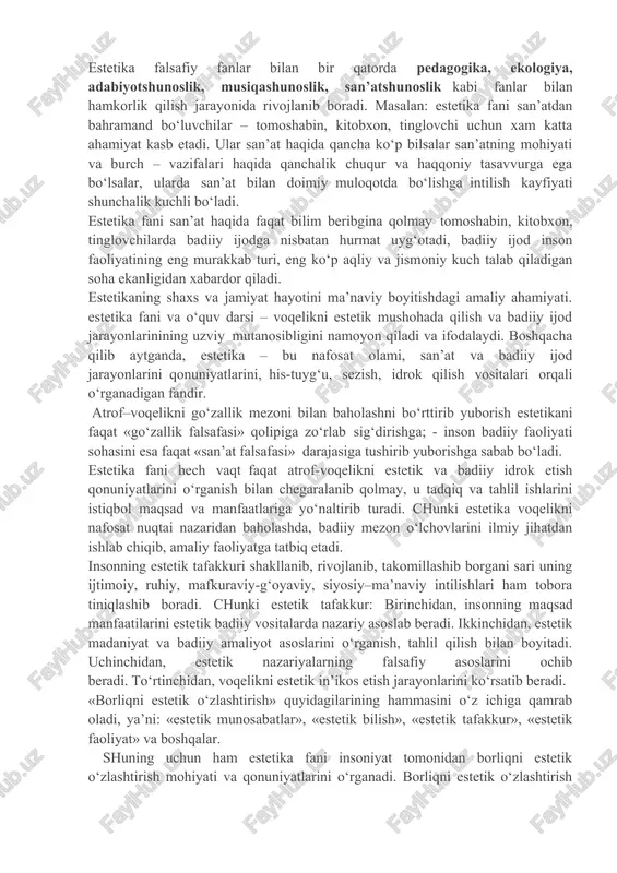 san’at yaxshi va yomon hodisalarni ibrat qilib ko‘rsatish orqali axloqiy poklikka, rahm – shafqatga, dardkashlikka, axloqiy kamolotga da’vat etadi. ikkinchidan, estetik baholashda odatda, axloqiylik yoki axloqsizlikning har qanaqa ko‘rinishi emas, balki eng kuchli va to‘liq ko‘rinishlari ifoda qilinadi. uchinchidan, estetika bilan axloqni bir-birlariga shuning uchun ham tenglashtirish mumkin emaski, axloqiy kategoriyalar va baholarni tabiat hodisalariga nisbatan ishlatib bo‘lmaydi. holbuki, jonli va jonsiz tabiatning hammasi – estetika uchun tabiiy va zaruriy doiradir. estetika va sotsiologiya ham bir biri bilan chambarchas bog‘liq.ijtimoiy voqea va hodisalar hamda jarayonlarning uslubiy asosi hisoblangan umumsotsiologiya nazariyasi estetikaning ham ilmiy–nazariy asosi bo‘lib xizmat qiladi. sotsiologiya ijtimoiy voqea hodisalarning xususiy, alohida, nisbiy mustaqil sohalari: ya’ni siyosat, davlatlar, millatlar, san’at turlari va ko‘rinishlarini qamrab olgan holda estetika va badiiy ijod jarayonlarining ayrim jabhalari bilan uzviy bog‘liqlikda namoyon bo‘ladi. aniq sotsiologik tadqiqotlar orqali olinadigan dastlabki ijtimoiy axborotlar (ma’lumot, bilimlar) estetik va badiiy faoliyat jarayonlarini ham qamrab oladi. estetika umumsotsiologik nazariyaga …