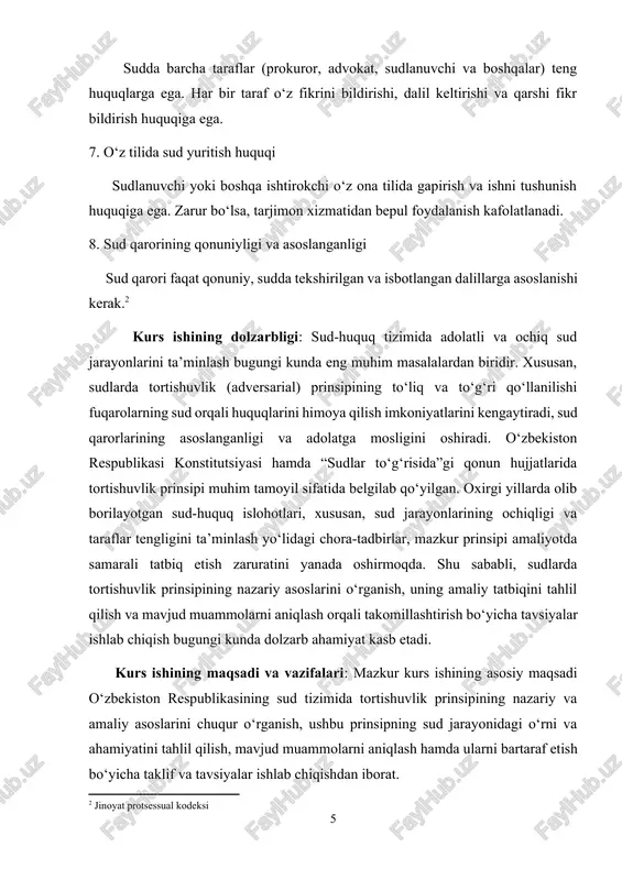 va rad etish huquqini ifodalaydi. ushbu prinsip asosida ayblovchi va himoyachi tomonlar sud oldida teng huquqqa ega bo‘lib, sud esa betaraf hakam sifatida harakat qiladi. bu prinsipning asosiy mazmuni: -sudda barcha taraflarga o‘z fikrini erkin bildirish imkonini berish; -dalillarni taqdim etish, ularni bahslashish yo‘li bilan tekshirish; -sudning mustaqil va betaraf qaror qabul qilishi. tortishuvlilik prinsipi — bu jinoyat protsessining asosiy konstitutsiyaviy prinsiplaridan biri bo‘lib, sud jarayonida ayblovchi va himoya taraflariga o‘z fikr va dalillarini erkin ifoda qilish, taqdim etish va rad etish imkoniyatini ta’minlovchi demokratik tamoyildir. ushbu prinsipga ko‘ra, sud faqat dalillarni muhokama qilish orqali, taraflarning fikrlarini tinglab va baholab, xolis qaror qabul qiladi. sud tortishuvda ishtirok etmaydi, u betaraf hakam sifatida taraflar keltirgan dalillarga huquqiy baho beradi. tortishuvlilik prinsipi quyidagilarni nazarda tutadi: •sudda taraflar o‘zaro teng huquqli bo‘lishi kerak; •har bir taraf o‘z pozitsiyasini asoslash uchun dalil va isbotlar keltiradi; •sud taraflardan hech birining manfaatini himoya qilmaydi, faqat qonun …