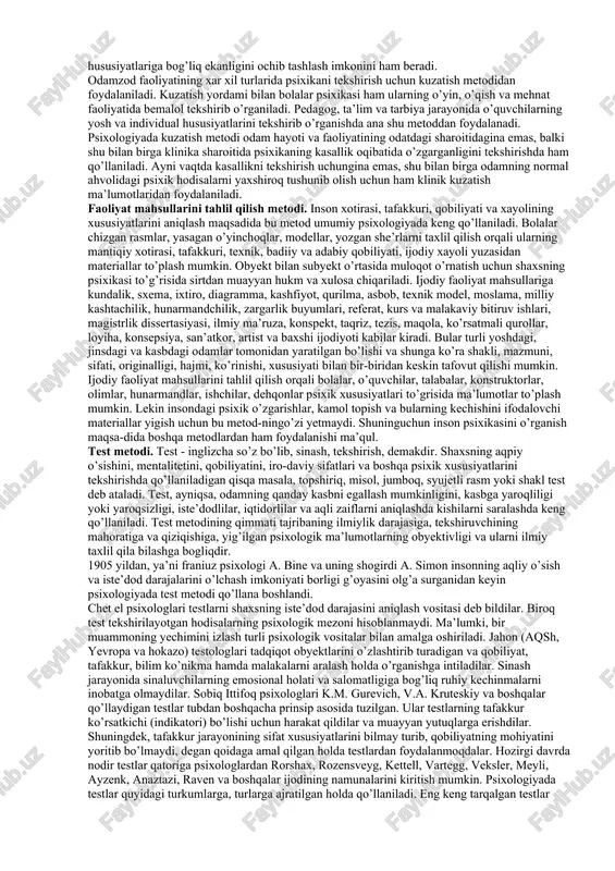 oladigan kishilar psixikasi haqidagina bilim beradi. ammo madaniy taraqqiyotning pastroq bosqichida turgan kishilar psixikasi haqidagi ta’limot ham, bolalar psixikasi haqidagi ta’limot ham psixologiyaga qo’shilishi kerak. madaniy taraqqiyotning pastroq bosqichida turgan kishilar va bolalar esa fan nuqtai nazaridan o’z-o’zini kuzata olmasligi tabiiy. demak, o’z-o’zini kuzatish yo’li bilan odam psixik taraqqiyotining turli bosqichlari haqida bilim olib bo’lmaydi. nihoyat, o’z-o’zini kuzatish metodining yana bir katta kamchiligi shuki, bu yo’l bilan olingan ma’lumotlar psixik hayot hodisalarini turli yo’sinda bir tomonlama, subyektiv talqin qilishiga olib kelishi mumkin. masalan, odamning xarakterini tekshirayotgan psixologning o’zi egoist bo’lsa, o’z-o’zini kuzatish natijalaridan, egoizm - har qanday xarakterning muhim belgisidir deb hulosa chiqarishi mumkin. dunyoda sahiy, olijanob xarakterli kishilar borligini bunday psixolog faqat o’z-o’zini kuzatish yo’li bilan bila olmaydi. zohiran ko’rinadigan narsa bu yerda xaqiqat bo’lib tuyulishi, yakka hodisa umumiy hodisa bo’lib tuyulishi mumkin. holbuki, har qanday ilmiy bilim obyektiv va chin bilim bo’lishi kerak. i.p.pavlov o’z-o’zini kuzatish yo’li bilan …