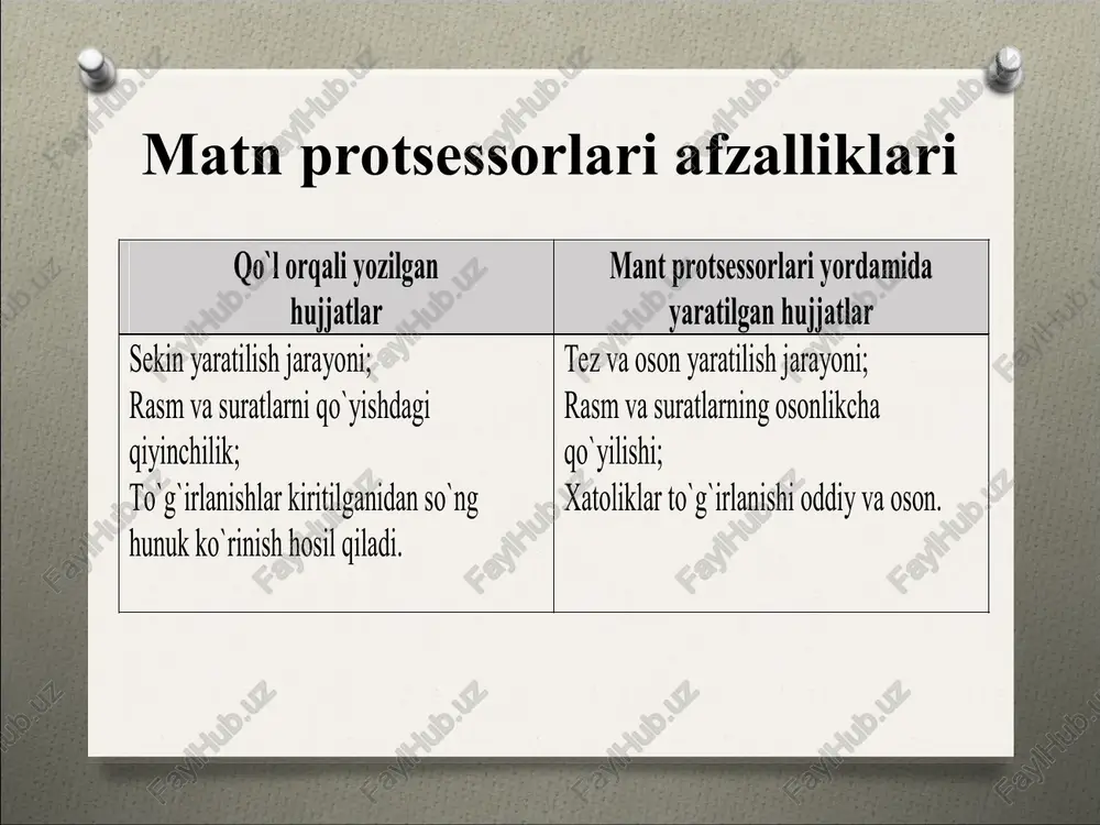fografik xatolar yordamida tuzatishni; statistika bandi – komp'yuter xotirasiga kiritilgan hujjatning hajmi, undagi so'zlar, belgilar va satrlar sonini; avtoreferat bandi – ingliz tilida yozilgan risolaning qisqacha mohiyatini asosiy so'zlardan foydalanib, izoh ko'rinishida olishni ta'minlaydi. * abzats bilan ishlash – chekinishlar birinchi satrda chekinish tashkil qilish uchun kursorni birinchi satr boshiga qo'yib tab tugmasi bosiladi. agar abzats o'rtasidagi satr boshiga kursor qo'yilib tab bosilsa, unda butun abzats uchun chekinish tashkil qilinadi. demak, chekinish ikki xil: satr chekinishi va abzats chekinishi bo'lishi mumkin. bu o'zgartirishlarni menyu yordamida ham bajarish mumkin: format → abzats abzatsni formatlash abzats xuddi xohlagan bir ob'ekt singari o'zining quyidagi o'lchamlariga ega: - kenglik; - satrni tekislash usuli: a) chap tomondan v) o'ng tomondan s) markazdan d) kenglik bo'yicha; - sahifadagi holati; - birinchi satrga qo'yilishi; - satrlar o'rtasidagi joy; - abzatslar o'rtasidagi oraliq. abzatsni formatlash – uning parametrlarini berish yoki o'zgartirishdir. matnni terish vaqtida yoki uni tugatgandan so'ng …