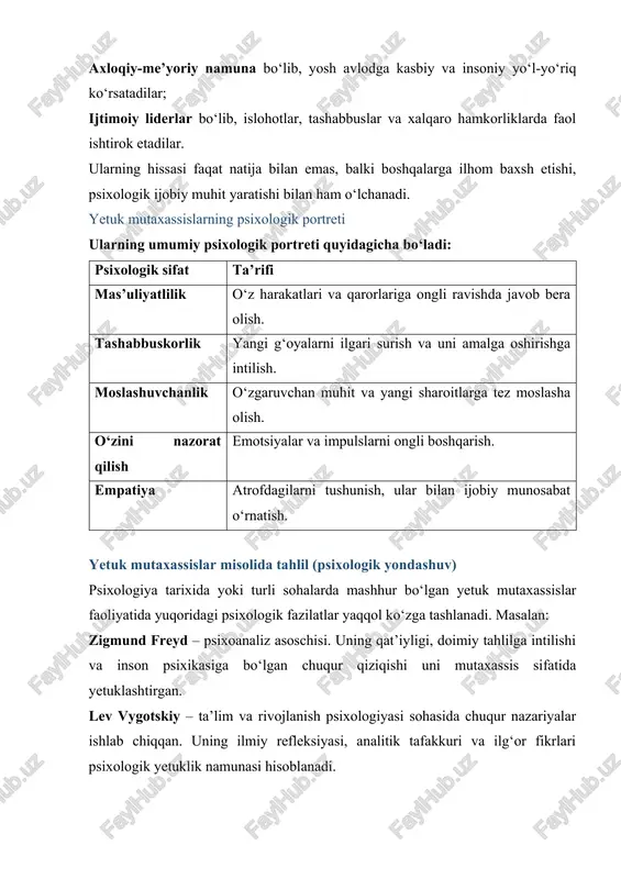 tez moslasha olish. o‘zini nazorat qilish emotsiyalar va impulslarni ongli boshqarish. empatiya atrofdagilarni tushunish, ular bilan ijobiy munosabat o‘rnatish. yetuk mutaxassislar misolida tahlil (psixologik yondashuv) psixologiya tarixida yoki turli sohalarda mashhur bo‘lgan yetuk mutaxassislar faoliyatida yuqoridagi psixologik fazilatlar yaqqol ko‘zga tashlanadi. masalan: zigmund freyd – psixoanaliz asoschisi. uning qat’iyligi, doimiy tahlilga intilishi va inson psixikasiga bo‘lgan chuqur qiziqishi uni mutaxassis sifatida yetuklashtirgan. lev vygotskiy – ta’lim va rivojlanish psixologiyasi sohasida chuqur nazariyalar ishlab chiqqan. uning ilmiy refleksiyasi, analitik tafakkuri va ilg‘or fikrlari psixologik yetuklik namunasi hisoblanadi. temur malikov (o‘zbekistondagi zamonaviy psixologlardan biri) – o‘zbek psixologiyasiga oid ilmiy yondashuvlari va o‘quv metodikalari bilan sohaga katta hissa qo‘shgan. psixologik nuqtai nazardan olib qaraganda, yetuk mutaxassis — bu bilimli bo‘lishdan tashqari, o‘zini boshqara oladigan, hissiyotlarini nazorat qila oladigan, o‘z faoliyatiga mas’uliyat bilan yondashadigan, jamiyatga ijobiy psixologik ta’sir ko‘rsatadigan shaxsdir. ularning faoliyati boshqalarga nafaqat tajriba, balki ruhiy ilhom va ishonch ham beradi. shunday mutaxassislar …