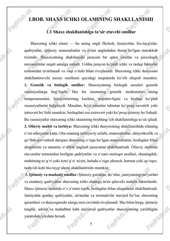 hissiyotlarini belgilashda muhim rol o'ynaydi. quyida shaxsga ta'sir etuvchi asosiy omillarni ko'rib chiqamiz: 1. genetik omillar: shaxsiyatning shakllanishida genetik omillar muhim ahamiyatga ega. har bir insonning genetik tarkibi uning temperamentini, nerv tizimi faolligini, emotsional reaksiya qilishni va ba'zi biologik ehtiyojlarini belgilaydi. masalan, ba'zi odamlar tabiatan ko'proq xotirjam va sabrli bo'lishi mumkin, boshqalar esa tezkor va impulsiv bo'lishadi. shu sababli, shaxsning bir qator tabiiy xususiyatlari (temperament, hissiyotlar va boshqalar) genetik faktorlarga bog'liqdir. 2. oilaviy muhit: oilaviy muhit shaxsiyatning shakllanishida juda katta rol o'ynaydi. ota-onalar, aka-ukalar, singillar, hatto oilaviy munosabatlar va tarbiya shaxsning ichki olamiga ta'sir qiladi. ota-onaning shaxsiy xulqi, munosabatlari va tarbiyaviy uslublari bolalar psixologiyasiga bevosita ta'sir etadi. agar bola mehribon va qo‘llab-quvvatlovchi oilada tarbiyalansa, u o'ziga ishonchli, o'zini yaxshi his qilishi va boshqalar bilan ijobiy munosabatlar o'rnatishi mumkin. aksincha, oilaviy zo'ravonlik yoki befarqlik bolalarning psixologik rivojlanishiga salbiy ta'sir ko'rsatadi. 3. ijtimoiy muhit: shaxs ijtimoiy muhitda o'z o'rnini topadi va bu …