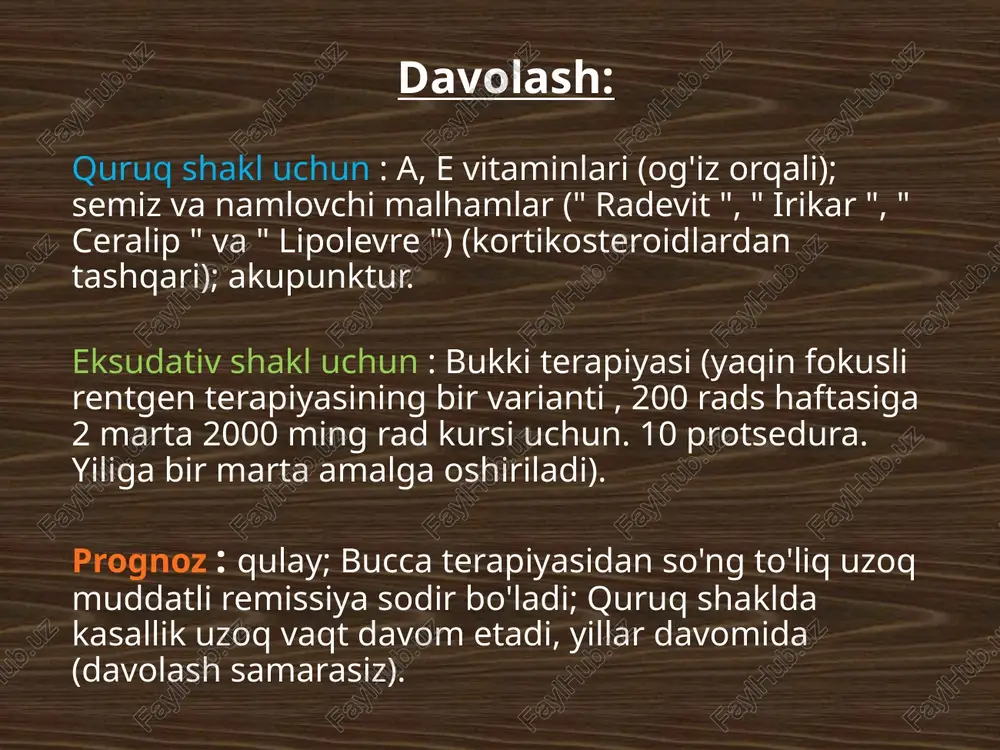 t eksfoliativ va aktinik cheilitis quruq shaklidan farqlash kerak . kimyoviy moddalar bilan kontakt cheilitining o'tkir boshlanishi va sababiy aloqasi tashxis qo'yish uchun boshlang'ich nuqtadir. davolash. avvalo, kasallikni keltirib chiqaradigan kimyoviy omil yo'q qilinadi. kortikosteroidli malhamlar mahalliy darajada buyuriladi. desensitizatsiya terapiyasi o'tkaziladi. davolash. kasallikka sabab bo'lgan kimyoviy omilni yo'q qilish (tegishli allergen bilan aloqani yo'qotish orqali jarayonni to'liq hal qilish mumkin); hipoalerjenik parhez; antigistaminlar ( claritin , zyrtec , xyzal ); kaltsiy preparatlari (kaltsiy glyukonat, "kalsiy- sandoz forte"); mahalliy: kortikosteroid malhamlari ( lokoid , elokom , advantan ). prognoz . qulay. ekzematus cheylit ekzematoz cheilit - qizil chegara va lablar terisining surunkali allergik kasalligi. u izolyatsiya qilingan lezyon sifatida ham , yuz ekzemasining alomati sifatida ham kuzatiladi . allergenlar turli xil tirnash xususiyati beruvchi moddalar bo'lishi mumkin: mikroorganizmlar, oziq-ovqat moddalari, dorilar, metallar, protez tuzilmalari materiallari, tish pastalarining tarkibiy qismlari. klinika. kasallik o'tkir yoki surunkali kursga ega bo'lishi mumkin. o'tkir ekzema …