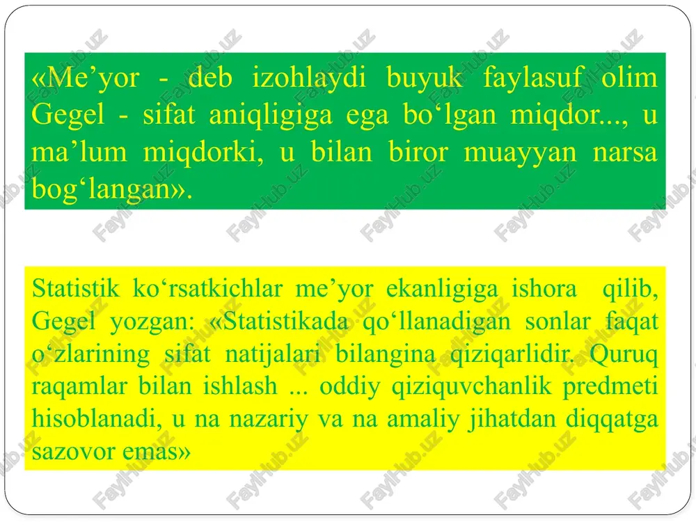 ishlari lozim.agar taqqoslanayotgan ko’rsatkichlar tarkibiy jihatdan bir-birlaridan farq qilsa, ularda taqqoslanuvchanlikni ta’minlash uchun shartli o’lchov birliklarida hisoblash zarur. taqqoslanayotgan ko’rsatkichlarni taqqoslanuvchanlik holatiga etibor beriladi. buning uchun esa quydagi shartlarga rioya qilmoq lozim: statistik taqqoslashlar turli miqdorlarni ayirma yoki nisbat shaklida solishtirishni bildiradi. =k1-k0 t=k1/k0 nisbiy ko’rsatkichlar har xil shakllarda ifodalanadi, masalan,koeffitsiyentda, foizda, promillada, prodisimillada va h.k yoki bu shaklni qo’llash zaminiy miqdorni qanday birlikka tenglashtirib olinishiga bog’liq,jumladan koeffitsentda bu miqdor 1 ga, foizda 100 ga, promillada 1000 ga,prodisimillada 10000 ga tenglashtiriladi. to’plam tuzilishi va undagi o’zgarish larni ta’riflovchi hodisaning turli belgilari orasidagi nisbatlarni ta’riflovchi jarayon dinamikasi (vaqtda o’zgarishni ta’riflovchi) hududiy va obektlar aro nisbatlarni tariflovchi hodisa larning bog’la nishini ta’rif lovchi shartnoma bajarilishini tariflovchi nisbiy miqdorlar turlari nisbiy miqdorlar hisoblanayotganda taqqoslash bazasi (maxraj) har xil miqdorlar qabul qilinishi mumkin. shunga ko’ra nm turlari: 1. reja topshirig’i nm 4. tuzilma nm 3. dinamika nm 2. buyurtma (shartnoma) bajarilishi nm 5. koordinasiya …