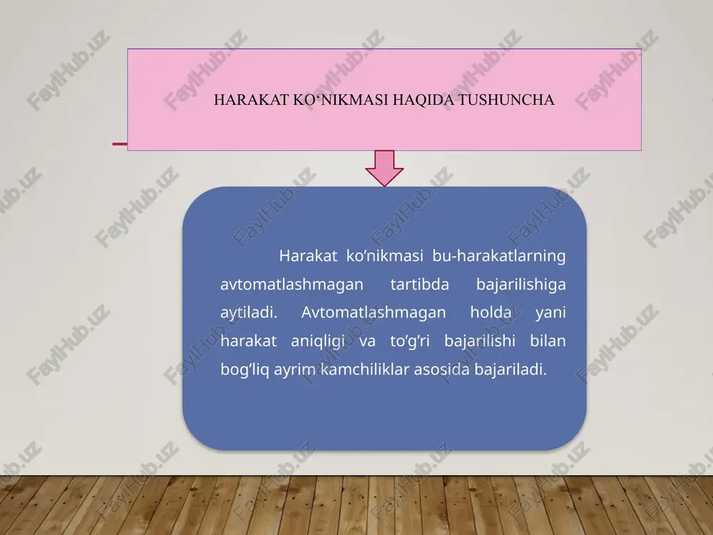 xollarda innervatsiya va bo‘yinni mustaxkamlash reflekslari bilan bog‘liq bo‘lgan tug‘ma avtomatizmlarni talab qilinadi. malakaning xarakterli belgilari: 1. harakat faoliyati tarkibiga kiruvchi alohida harakatlarning bajarilishiga unchalar e’tibor bermay bajarish. 2. harakatni avtomatlashgan darajada bajarish o‘qitish 3. harakat faoliyatining avtomatlashgan holda bajarilishida ongning etakchi rolini inkor etib bo‘lmaydi. 4. o‘quvchining ongi asosan o‘zak komponentlarga, sharoitning o‘zgarishi hisobiga va harakat vazifasining ijodiy hal qilinishiga yo‘naltiriladi. 5.harakat malakasi yuqori turg‘unlikka ega. 6.harakat malakasi uchun harakatlardagi ma’lum tizimning mavjudligi va o‘ziga xosligi. 7. harakat malakasi shakllanishi analizatorlar funksiyasini qayta taqsimlash bilan kuzatiladi. malakaning fiziologik mexanizmi. i.m. sechenov va i.p. pavlovlarning ilmiy tadqiqotlari orqali erkin harakatlarni shakllanishining fiziologik mexanizmlari asoslangan harakat aktini muskullar bilan bajarishni boshqarish vaqtli aloqalarni vujudga kelishi ekanligidir. ularning asosida birinchi tartibdagi shartli reflekslarning, oliy tartibdagi, manipulyasiyali reflekslar va boshqalarning vujudga kelishi yotadi. oxirgi reflekslarning ahamiyatiga katta eotibor beriladi, chunki ular meros bo‘lib nasldan-naslga o‘tmagan javob reaksiyalari bilan bog‘liq. harakat malakasining shakllanishi jarayoni …