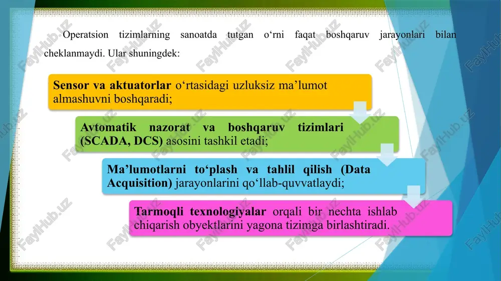 linux’ning o‘rni yanada mustahkamlanmoqda. raqamli ishlab chiqarish, aqlli zavodlar (smart factories), sun’iy intellekt va ma’lumotlar tahlili tizimlari ko‘p hollarda linux serverlari orqali boshqariladi. shuningdek, raspberry pi, arduino va boshqa sanoat mikrokontrollerlari uchun linux asosidagi operatsion tizimlar, masalan, raspbian yoki yocto project, ishlab chiqilgan. bu esa linux’ni nafaqat katta sanoat korxonalari, balki kichik ishlab chiqarish va ta’lim loyihalari uchun ham qulay platformaga aylantiradi. e’tiboringiz uchun rahmat! image1.jpg image2.jpg image3.jpg image4.png image5.png image6.png image7.jpeg image8.png image9.png image10.png image11.jpg qnx graphic /docprops/thumbnail.jpeg