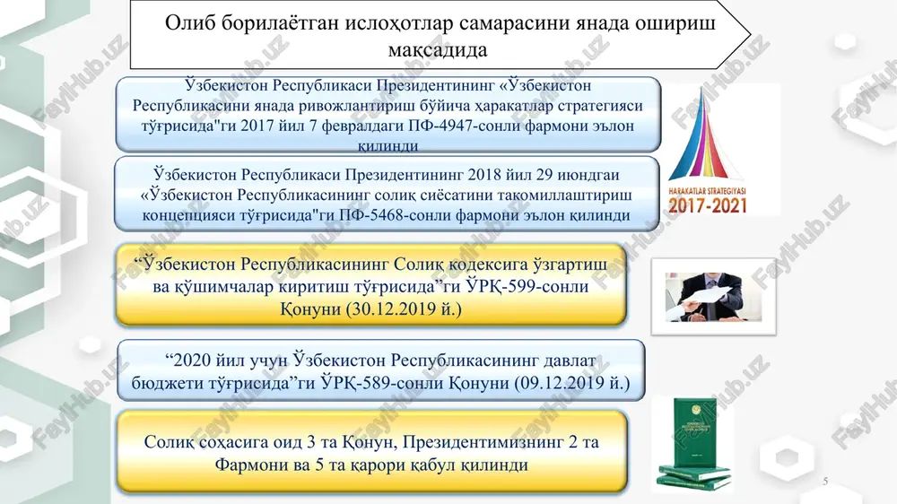 xslarning er solig'i (korxona er uchastkasiga ega bo'lganda) suv resurslaridan foydalanganlik uchun soliq (tadbirkorlik faoliyatini amalga oshirishda suv resurslaridan foydalanilganda) aktsiz solig'i (aktsizosti tovarlarni ishlab chiqaruvchi yuridik shaxslar) er qa'ridan foydalanganlik uchun soliq (foydali qazilmalar qazib chiqaruvchi yuridik shaxslar) 2019 yil 1 yanvardan boshlab soliq islohoti doirasida kichik biznes sub'ektlarini aniqlash tamoyili kichik biznes sub'ektlarini xodimlar soni bo'yicha aniqlash mezoni soliq hisobotlarini topshirish maqsadida xizmat qiladi endilikda * 2019 yil 1 yanvardan kichik biznes sub'ektlarini soliqqa tortish maqsadida yillik aylanmasi bo'yicha aniqlash mezoni joriy etildi yillik aylanmasi 1 mlrd.so'mgacha sohalar xodimlar soni mikrofirma kichik korxona sanoat 1-20 21-200 qurilish 1-20 21-200 qishloq xo'jaligi 1-20 21-50 tashish va saqlash xizmati 1-20 11-50 boshqa xizmatlar ko'rsatish 1-20 11-50 ulgurji va chakana savdo 1-20 21-25 nashriyot-matbaa 1-20 21-100 * 2019 yil 1 yanvardan boshlab soliq islohoti doirasida uchinchidan, soliq solishning soddalashtirilgan tartibi bo'yicha soliq to'lovchilarga soliq siyosatini takomillashtirishning salbiy ta'sirini kamaytirish choralari quyidagilar …