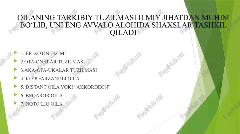 e’yyor va qadriyatlarni o‘zlashtirib, ijtimoiy hayotga kirib borishidir. oila mustahkamligi-jamiyat mustahkamligi oila tinchligi-jamiyat farovonligi oila muborak qo`rgon psixoterapevtik funksiya. bu funksiya oilada barcha oila a'zolari o‘zini qulay sezishi lozimligida namoyon bo`ladi. psixologlar, sotsiologlar, pedagoglarning kuzatishlariga ko‘ra, inson kuchlari oila sharoitida jadal tiklanar ekan. oilalar tipologiyasi: -tinch, baxtli oilalar -xavfi bor oilalar -notinch oilalar -asotsial oilalardan iborat tinch, baxtli oilalar o‘z vazifalarini muvaffaqiyatli amalga oshiradilar, o‘z bolalarining ehtiyojlariga tez ko‘nikadilar. muammo paydo bo‘lib qolsa, ularga bir karra yordam ko‘rsatish kifoya. xavfi bor oilalarda adaptativ qobiliyatlar birmuncha pastroq. ular bola tarbiyasini qiyinchilik bilan eplaydilar va ijtimoiy pedagog yordami hamda nazoratiga ehgiyoj sezadilar. notinch oilalar hayotiy faoliyatning biror-bir sohasida past ijtimoiy maqomga ega bo‘lib, ular o‘zlariga yuklatilgan vazifalarni bajara olmaydilar. bunday oilalarning adaptativ imkoniyatlari past bo‘lib, ularda bola tarbiyasi jarayoni katta qiyinchiliklar bilan sekin kechadi. bu oila turi uchun ijtimoiy pedagogning faol yordami zarur. muammolari xarakteridan kelib chiqib, pedagog ularga pedagogik yoki psixologik …