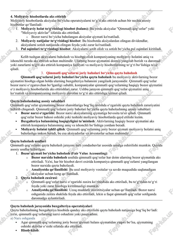 har doim bozor qiymati bo‘yicha baholanadi. bozor narxlari o'zgarib turadi, shuning uchun aksiyalarni hisobot davri oxirida yangilangan bozor narxida baholash lozim. · amaldagi holatlar: bu usul asosan moliyaviy vositalar yoki sotiladigan aksiyalar uchun qo‘llaniladi. 2. amortizatsiya qilingan qiymat: · bu usul aksiyalar boshlang'ich qiymatida baholanadi va keyinchalik ular sotilmagan taqdirda amortizatsiya qilinadi. · amortizatsiya qilingan qiymat asosiy qiymatni va uni ushlab turish davrida yig'ilgan daromadlarni aks ettiradi. · amaldagi holatlar: asosan uzoq muddatli sarmoya maqsadida saqlanadigan aksiyalar uchun qo‘llanadi. aksiyalarni hisobga olishning asosiy tamoyillari -kelib tushgan aksiyalarni hisobga olish jarayonida turli bosqichlarni va operatsiyalarni to'g'ri aks ettirish lozim. ushbu operatsiyalar quyidagi ketma-ketlikda amalga oshiriladi: a) aksiyalarni sotib olish · aksiyalar sotib olinganda ular balansda aktiv sifatida hisobga olinadi. · hisob-kitob: · debet: "qimmatli qog'ozlar" (aktivlar hisobvarag'i) · kredit: pul mablag‘lari yoki boshqa aktivlar hisobvarag'i masalan: agar kompaniya 10 000 aqsh dollariga aksiyalar sotib olgan bo'lsa, qimmatli qog'ozlar aktivlar sifatida hisobga …