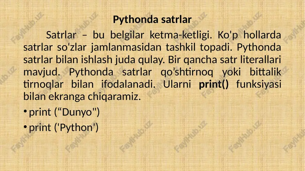 ydi, ya’ni ro’yxat bo’m-bo’sh bo’lib qoladi: meva = ["olma", "banan", "apelsin", "nok", "uzum"] meva.clear() print(meva) 24 nusxa olish agar biror dictionary to’plamidan nusxa olib ayna uning o’zidek to’plam hosil qilmoqchi bo’lsak, buni maxsus yo’l bilan qilish kerak bo’ladi. bunday holatda bizga copy() yoki dict() maxsus funksiyalari yordamga keladi. har ikkala funsiyadan ham foydalanish mumkin. hozir buni misolda ko’rib chiqamiz: 25 avto = { "brend": "chevrolet", "model": "malibu", "yil": 2016 } avto2 = avto.copy() print(avto2) avto3 = dict(avto) print(avto3) 26 image1.jpg image2.gif image3.gif image4.gif image5.jpeg image6.jpg image7.gif image8.jpg /docprops/thumbnail.jpeg