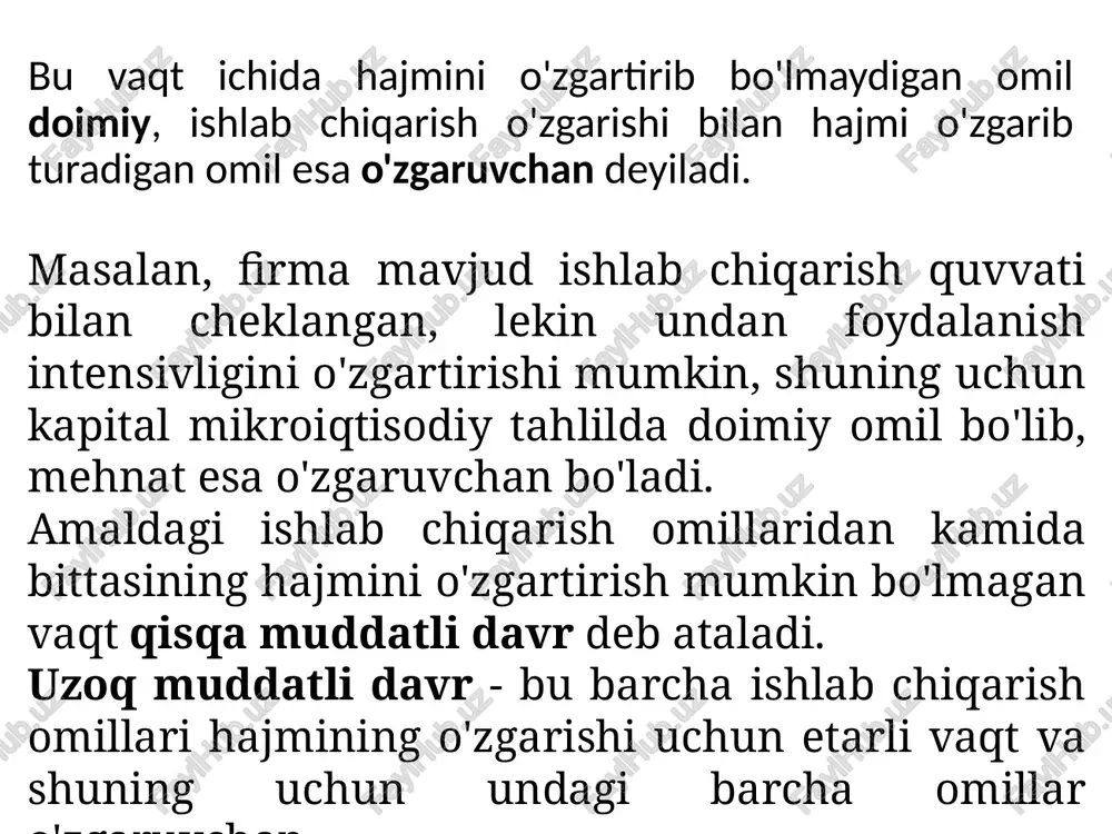 chiqarish uchun sarflangan ishlab chiqarish omillari xarajatlari. doimiy xarajatlar (fc)-ishlab chiqarish hajmining o'zgarishiga bog'liq bo'lmagan. ularning qiymati har qanday ishlab chiqarish hajmi uchun qisqa muddatda o'zgarmaydi. bular asosiy vositalarni ishlatish xarajatlari, amortizatsiya, ijara, ma'muriy va boshqaruv xarajatlari, kreditlar bo'yicha foizlar va ayrim turdagi soliqlardir. o'zgaruvchan xarajatlar (vc) -ishlab chiqarish hajmi o'zgarishi bilan o'zgaradi. barcha doimiy va barcha o'zgaruvchan xarajatlar yig'indisi-bu mahsulotning butun hajmini ishlab chiqarishga ketadigan umumiy xarajatlardir (tc). o'rtacha umumiy xarajat summasi o'rtacha doimiy (afc) va o'rtacha o'zgaruvchan xarajatlarga teng. (ac= afc+avc) qisqa muddatda kompaniya xarajatlari dinamikasi (misol) qisqa muddatda firmaning umumiy xarajatlari umumiy xarajatlar egri chizig'i ishlab chiqarish hajmining o'sishiga qarab iste'mol qilingan ishlab chiqarish omillarining umumiy qiymatining o'zgarishini aks ettiradi. o'zgaruvchan ishlab chiqarish omilining marjinal mahsuldorligining (qaytarilishining) pasayishiga muvofiq, ishlab chiqarishning ma'lum hajmiga erishilganda, firmaning umumiy xarajatlarining o'sishi uning ishlab chiqarish hajmining o'sishidan oshib keta boshlaydi. bu marjinal xarajatni oshirish qonuni (daromadlilikning pasayishi) agar marjinal xarajat o'rtachadan …