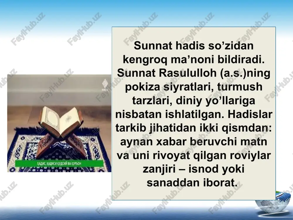 umladan, gunohi kabira qilgan kishi mo‘min ham kofir ham bo‘lmaydi, balki ikkisi orasida bo‘ladi, deganlar. mu’taziliylarning yana bir aqidasi bu qur’onning yaratilgani haqidadir. sunniylar qur’on allohning kalomi desalar, mu’taziliylar qur’on allohning yaratgan narsasi, deb hisoblaganlar. mu’taziliylar: aql-idrokni aqidaning asosi deb e’tirof etgan, tasavvufni inkor etishga uringan, o‘zlarini tavhid va adolat (adl) tarafdorlari, deb bilganlar. keyinchalik 13-14-asrlarga kelib mu’taziliylar yo‘qolib ketgan. e’tibor uchun rahmat! image19.png image20.jpg image21.png image22.png image23.png image24.jpg image25.jpg image26.jpg image27.jpg image28.emf image29.jpeg image30.png image31.png image1.jpeg image2.png image3.png image4.png image5.png image6.png image7.png image8.png image9.png image10.png /docprops/thumbnail.jpeg