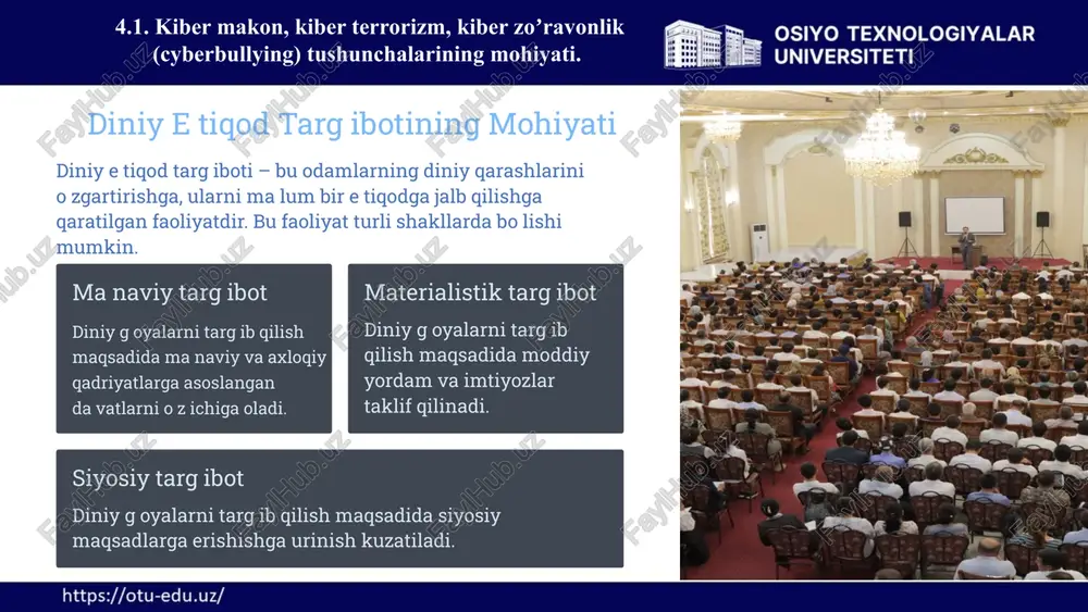 iniy va etnik bo`linishlarni kuchaytirish. terrorizm xavfi terroristik faoliyatni rag`batlantirish. ijtimoiy norozilik ijtimoiy noroziliklar va tartibsizliklarni keltirib chiqarish. 4.1. kiber makon, kiber terrorizm, kiber zoʼravonlik (cyberbullying) tushunchalarining mohiyati. 12 diniy e`tiqod targ`iboti jamiyatga salbiy ta`sir ko`rsatishi mumkin. ijtimoiy birlikning buzilishi jamiyatda o`zaro tushunish va hamjihatlikning susayishi. iqtisodiy nuqsonlar ekstremistik faoliyat natijasida iqtisodiy rivojlanishning sekinlashishi. siyosiy beqarorlik siyosiy beqarorlik va ijtimoiy tartibsizliklarning kuchayishi. 4.1. kiber makon, kiber terrorizm, kiber zoʼravonlik (cyberbullying) tushunchalarining mohiyati. 13 diniy e`tiqod targ`ibotining oldini olish chora-tadbirlari diniy e`tiqod targ`ibotiga qarshi kurashish uchun turli chora-tadbirlarni amalga oshirish zarur. 1 ma`lumotli jamiyat jamiyat a`zolarining diniy savodxonligini oshirish. 2 qonunchilikni takomillashtirish ekstremistik va terroristik faoliyatni oldini olishga qaratilgan qonunlarni takomillashtirish. 3 kiber xavfsizlikni mustahkamlash kiber makonni tartibga solish va nazorat qilish choralarini kuchaytirish. 4 ijtimoiy hamkorlik davlat organlari, jamoat tashkilotlari va fuqarolar o`rtasidagi hamkorlikni rivojlantirish. 4.1. kiber makon, kiber terrorizm, kiber zoʼravonlik (cyberbullying) tushunchalarining mohiyati. 14 diniy e`tiqod targ`ibotiga qarshi …