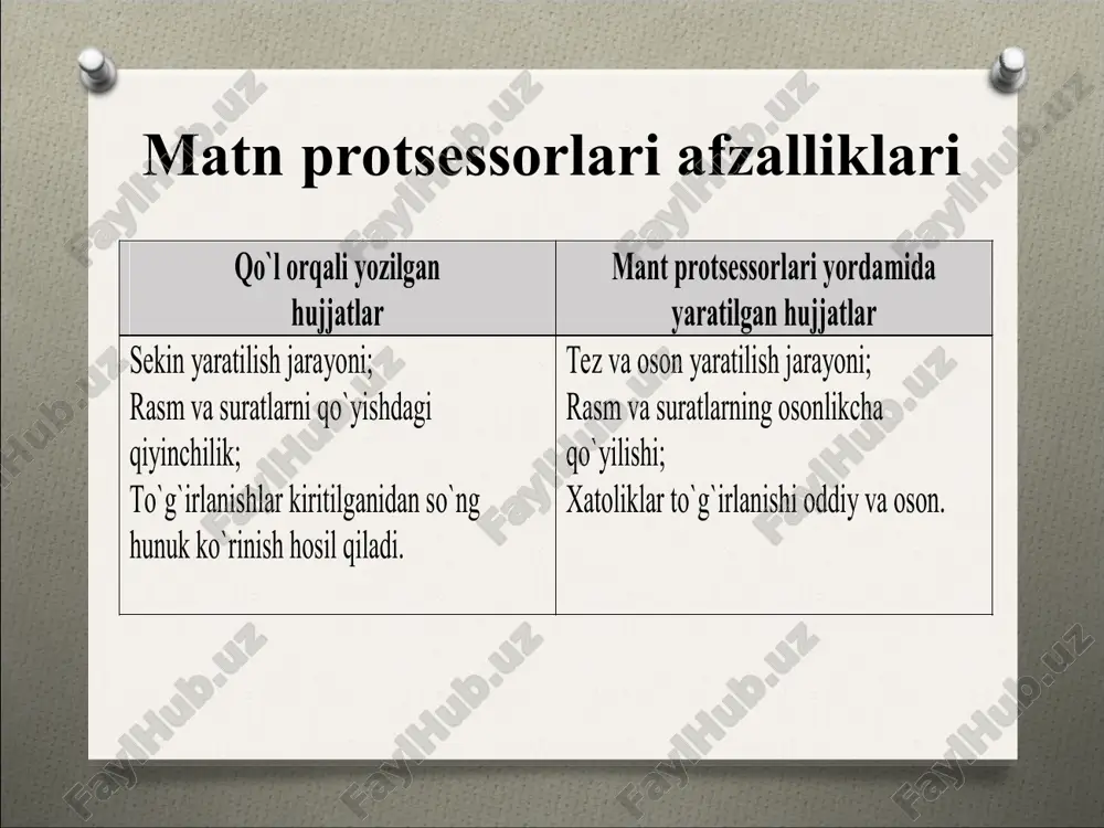 fografik xatolar yordamida tuzatishni; statistika bandi – komp'yuter xotirasiga kiritilgan hujjatning hajmi, undagi so'zlar, belgilar va satrlar sonini; avtoreferat bandi – ingliz tilida yozilgan risolaning qisqacha mohiyatini asosiy so'zlardan foydalanib, izoh ko'rinishida olishni ta'minlaydi. * abzats bilan ishlash – chekinishlar birinchi satrda chekinish tashkil qilish uchun kursorni birinchi satr boshiga qo'yib tab tugmasi bosiladi. agar abzats o'rtasidagi satr boshiga kursor qo'yilib tab bosilsa, unda butun abzats uchun chekinish tashkil qilinadi. demak, chekinish ikki xil: satr chekinishi va abzats chekinishi bo'lishi mumkin. bu o'zgartirishlarni menyu yordamida ham bajarish mumkin: format → abzats abzatsni formatlash abzats xuddi xohlagan bir ob'ekt singari o'zining quyidagi o'lchamlariga ega: - kenglik; - satrni tekislash usuli: a) chap tomondan v) o'ng tomondan s) markazdan d) kenglik bo'yicha; - sahifadagi holati; - birinchi satrga qo'yilishi; - satrlar o'rtasidagi joy; - abzatslar o'rtasidagi oraliq. abzatsni formatlash – uning parametrlarini berish yoki o'zgartirishdir. matnni terish vaqtida yoki uni tugatgandan so'ng …
