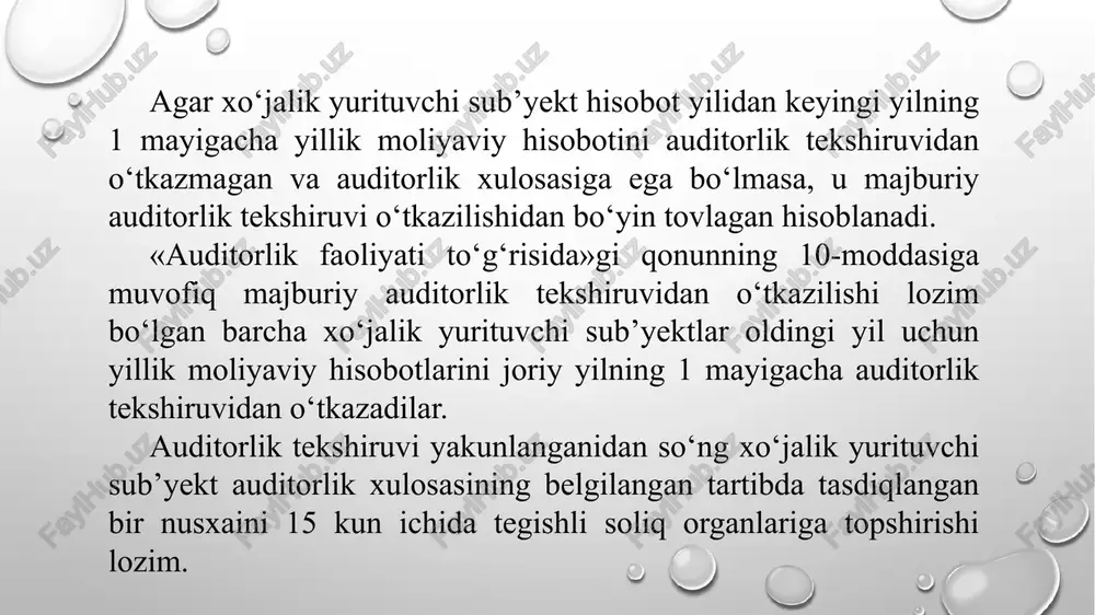 aroitiga moslashtirish; hisobni kompyuterlashtirish bo‘yicha tadbiq qilinadigan dasturlarni ishlab chiqish yoki ishlab chiqishda ishtirok etish (maslahat berish, masalani shakllantirish, test o‘tkazish va h. k); buyurtmachiga tadbiq qilinadigan dasturlar paketini joriy qilish va h. k. e’tiboringiz uchun rahmat! image2.png image3.png image1.png /docprops/thumbnail.jpeg