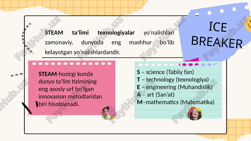 alar turli xil mavzularni muvaffaqiyatli o’rganish uchun ham miyani, ham qo’llarini ishlatadilar. ular olgan bilimlarni o’zlari “uqib oladilar” shuning uchun, ular o’sib ulg’ayganlarida va hayotiy muammolarga duch kelganda, atrof muhitning ifloslanishi yoki global iqlim o’zgarishi bo’ladimi, bunday murakkab masalalarni faqat turli sohalardagi bilimlarga tayanib va ​​birgalikda ishlash orqali hal qilish mumkinligini tushunadilar. steam ta’limi nafaqat o’qitish usuli, balki fikrlash tarzidir. steam ta’lim muhitida bolalar bilimga ega bo’ladilar va darhol undan foydalanishni o’rganadilar. ta’limga ushbu yangi yondashuv qanday paydo bo’ldi? bu nazariya va amaliyotni birlashtirishning mantiqiy natijasidir. steam amerikada ishlab chiqilgan. ba’zi maktablar fan, texnologiya, muhandislik va matematika kabi fanlarni birlashtirishga qaror qilishdi va stem tizimi shu tarzda shakllandi. ((fan, texnika, muhandislik va matematika). keyinchalik bu erda art qo’shildi va endi steam oxirigacha shakllandi. steam yondashuvining eng mashhur namunasi – massachusets texnologiya instituti(mit). ushbu dunyo universitetining shiori “mens et manus” (aql va qo’l). massachusets texnologiya instituti bolalarga steam tushunchasini oldindan o’rganish …
