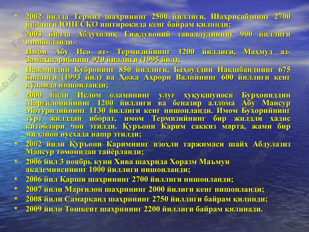 onlari fosh qilinadi, ularga nisbatan nafrat tuyg’ulari tarannum etiladi. omon muxtorning “to’rt tomon qibla” nomli trilogiyasi, barot boyqobilovning “o’zbeknoma” tarixiy dostoni, abduqahhor ibrohimovning “biz kim, o’zbeklar” badiiy-tarixiy asari, azim suyunning “oq va qora”, abduvali qutbiddinning “izohsiz lug’at” sheriy asarlari zamonaviy o’zbek adabiyotining yorqin ifodasidir. me’morchilik, haykaltaroshlik va amaliy san’at o’zbek me’morchiligi buyuk bunyodkorlik san’atidir. me’morchilikda ikki asosiy tamoyil ko’zga tashlanadi. 1. sharqona me’morchilik – bunga prezident qarorgohi – oqsaroy, temuriylar tarixi davlat muzeyi, turkiston saroyi, oliy majlis, senat binolari va boshqa qurilishlarda o’z aksini topgan. 2. g’arbona me’morchilik – bunday binolar jumlasiga ko’plab mehmonxonalar, banklar, savdo markazlari, bozorlar, sport markazlari, o’quv binolarining ko’pchiligi g’arbona me’morchilik asosida bunyod etildi. o’zbekistonning qadimiy shaharlaridagi tarixiy binolarni sharqona me’morchilik asosida ta’mirlash ishlari jadallik bilan olib borildi. mustaqillik yillarida haykaltaroshlik san’ati ham jadal rivojlandi. i.jabborov va k.jabborovlar tomonidan toshkent, samarqand va shahrisabzda a.temur haykallari, farg’onada al-farg’oniy, xorazmda j.manguberdi haykallari yaratildi. r.mirboshiyev boshchiligida andijonda bobur, toshkentda …