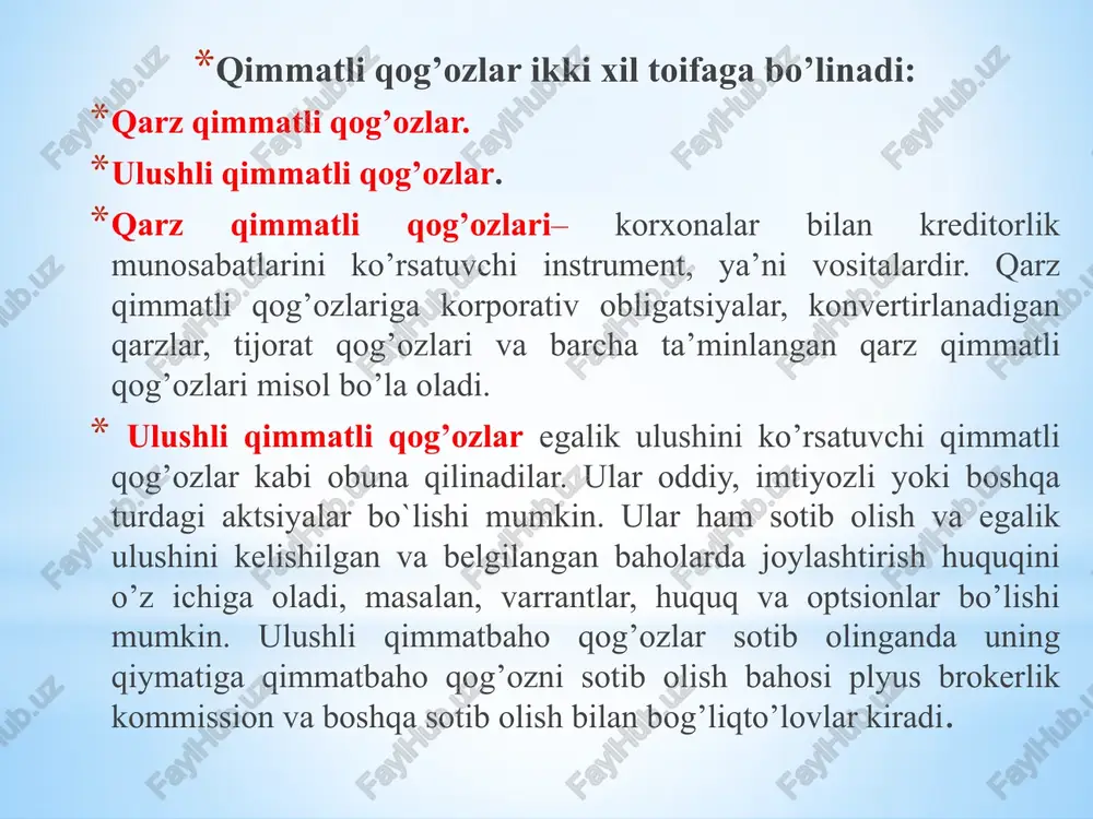 taliga badallari bo’yicha qarzdorligi» agar investitsiyalarni sotib olish to’liq yoki qisman boshqa aktivlarga almashtirish orqali yuzaga kelsa, ularni hisobga olish tartibini quyidagi misolda ko’rishimiz mumkin: misol. «a» kompaniyasi o’zining doimiy mol yetkazib beruvchisi hisoblangan «v» kompaniyaning nominal qiymati 500 so’m bo’lgan 1000 dona aktsiyasini uzoq muddat davomida daromad olish maqsadida sotib olish niyatini bildirdi. «v» kompaniyasi nominal qiymati 350000 so’m, lekin shu kundagi joriy qiymati 625000 so’m bo’lgan o’z aktsiyalarini «a» kompaniyaning uskunasiga almashtirishi mumkinligini aytdi. tomonlar roziligi bilan kelishuv imzolandi. bu xo’jalik muomalasi 12-sonli buxgalteriya hisobining «moliyaviy qo’yilmalar» deb nomlangan milliy standartiga ko’ra quyidagicha rasmiylashtiriladi: debet 0610«uzoq muddatli investitsiyalar» 625000 kredit 9210«asosiy vositalarning sotilishi va boshqa sabablarga ko’ra chiqib ketishi» 625000 investitsiyalar qo’shma, shu’ba va qaram korxonalarni ustav kapitalida daromad olish maqsadida qatnashish orqali ham yuzaga kelishi mumkin. bunday holatda quyidagi buxgalteriya yozuvlari rasmiylashtiriladi: debet 0620 «sho`ba korxonalarga investitsiyalar» debet 0640« chet el kapitali mavjud korxonalarga investitsiyalar» debet 0630«qaram …