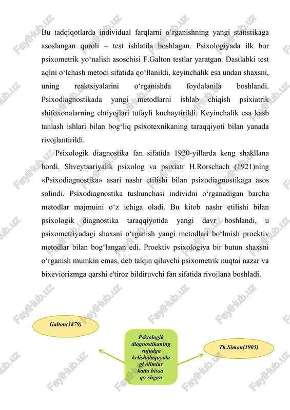 ga to‘g‘ri keladi. bu davrda aqliy taraqqiyotni o‘rganishga katta e'tibor berildi. jumladan, a.a.lyublinskaya tadqiqotlarida nutq va uning funktsiyalarining rivojlanish xususiyatlari o‘rganilgan. a.r.luriya rahbarligida faoliyatni boshqarishda nutqning roli o‘rganildi. a.n.leont'ev va a.v.zaporojets rahbarligida asosiy psixik jarayonlarning rivojlanishida faoliyatning roli o‘rganilgan. d.b.elkonin rahbarligida nutqning rivojlanishi va bog‘cha davrida o‘yinning etakchi faoliyat turi sifatidagi roli aniqlandi. bu tadqiqotlardan olingan natijalar bolalar uchun ta'lim va tarbiya dasturlarini tuzishda asos bo‘lib xizmat qildi. rus psixologlari tomonidan ishlab chiqilgan aqliy taraqqiyotni sifatiy tahlil qilish tamoyili qator vazifalarni hal qilishda o‘z mahsuldorligini namoyon qildi va ko‘pgina tadqiqotlarda o‘z aksini topdi (z.i.kalmikova, 1975, 1982; g.a.vardanyan, 1979; l.a.venger, 1974; k.m.gurevich, 1980; v.i.voytko, yu.z.gilbux, 1981; d.b.elkonin, 1982; v.v.stolin, a.g.shmelev, 1987; l.f.burlachuk, s.m.morozov, 1989 va boshqalar). psixologik diagnostikaning kichik amaliy yo‘nalishi u yoki bu hodisalarni bilishga va tavsiflashga qaratilgan. b.g.ananev (1968) psixologik diagnostikani psixologik tadqiqotlarga qaratilgan yo‘nalish, deb ta'riflaydi, uning maqsadi, psixofiziologik funktsiyalar, jarayonlar va shaxs xususiyatlari rivojlanish darajasini aniqlash, turli …