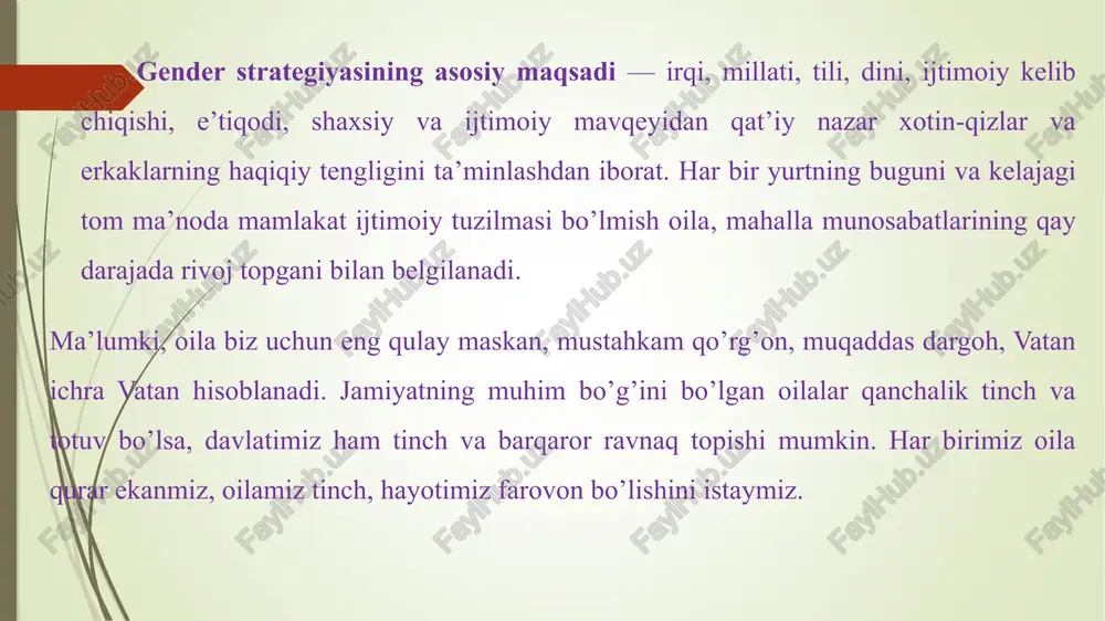 ga ko`rsatiladigan xizmatlar, yordamlarning maxfiyligini kafolatlash; gender zo`ravonlik labrlanuvchilarini boshqa xizmatlar taqdim etuvchilarga samarali ravishda qayta yo`naltirishga ko`maklashish; psixologik xizmat ko`rsatuvchilarning boshqa xizmat turlarini ko`rsatuvchilar bilan barqaror aloqasi va hamkorligini ta`minlash. nazorat savollari 1.gender psixologiyasi fanining mazmun mohiyati nimada? 2.gender psixologiyasining vazifalarini sanang? 3.gender psixologiyasini o’rganishning ahamiyati nimada? 4. gender zo`ravonlik deganda nimani tushunasiz? 5. gender psixologiyasida nechta yo`nalish bor? 6. gender psixologiyasida nechta bo`lim bor? test savollari 1.gender psixologiyasi nimani o`rganadi? differensial psixologiyaning boʻlimi boʻlib, insonning jamiyatdagi xatti-harakatlarining biologik jinsi, ijtimoiy jinsi (gender) va ularning munosabatlari bilan belgilanadigan modellarini oʻrganadi. ijtimoiy psixologiyaning gender tadqiqotlarida sotsializatsiya, xurofot, diskriminatsiya, ijtimoiy idrok va oʻz-oʻzini idrok etish, oʻz-oʻzini hurmat qilish, ijtimoiy normalar va rollarning paydo boʻlishi kabi hodisalar oʻrganiladi. gender zo`ravonlikni oʻrganiladi. 2. gender psixologiyasida nechta yo`nalish bor? a) 7 ta; b) 6 ta c) 4 ta d) 2 ta 3. gender psixologiyasida nechta bo`lim bor? a) 4 ta b) 5 ta c) …