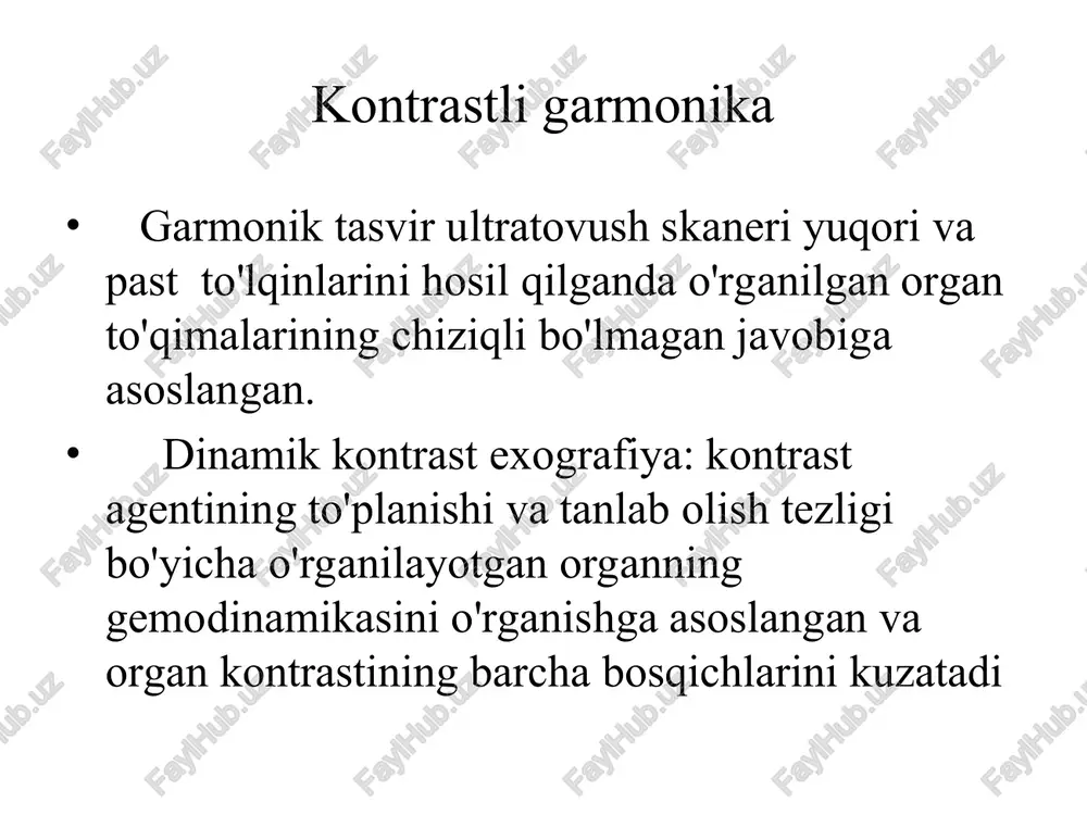 yoki to'qimaning ko’rinishi - bir hil strukturali - har hil strukturali ultra tovush terminlari 3. exoakustik oyna– bu ultratovush to'lqinlarini yaxshi o'tkazadigan va asosiy tuzilmalarning tasvirini yaxshilaydigan struktura. ultra tovush terminlari sagital sath dorsal sath ko’ndalang sath qorin bo'shlig'i skanerining ko’rinishlari a – bo’ylama skanerlash (sagittal sath); b – ko’ndalang skanerlash (ko’ndalang sath). qorin bo'shlig'i skanerining turlari a - kosoe skanirovanie(esli ugol naklona datchika ne sovpadaet s sagittalnoy ili s poperechnoy ploskostyu); v - prodolnoe skanirovanie; s - kosoe skanirovanie (esli ugol naklona datchika ne sovpadaet s sagittalnoy ili s poperechnoy ploskostyu). vidi skanirovaniya organov bryushnoy polosti savol № 4 ultratovush aralashuv va artifaktlar. ultratovush aralashuv va artifaktlar aralashuv – tashqi ta'sir tufayli tasvirning buzilishi. 1. aparat aralashuvi (elektromagnit aralashuv); 2. hayvonning harakati tufayli aralashuv. ultrasonik aralashuv va artifaktlar artifaktlar – bu mavjud bo'lmagan ob'ektlarning vizualizatsiyasi yoki mavjud obektlarning tebranishidir. 1. exoakustik soya– ob'ekt (qora maydon) ostida tasvirning yo'qligi. 2.lateral …