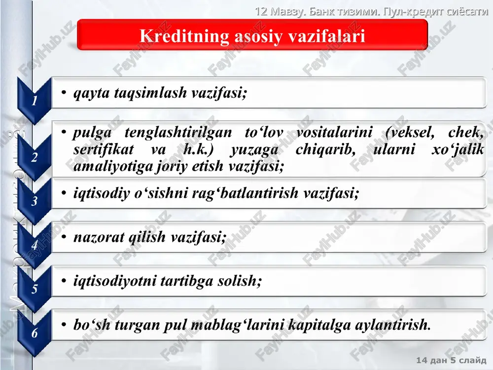 ing asosiy vositalari rezervlash normasi belgilash hisob stavkasini belgilash ochiq bozordagi operatsiyalar kuchli moʻtadil bozorga mos koʻrsatilgan vositalarning iqtisodiyotga taʼsir etish darajasi 12 mavzu. bank tizimi. pul-kredit siyosati 14 dan * slayd makroiktisodiyot monetar siyosat turlari qatʼiy monetar siyosat – pul massasini maʼlum bir darajada ushlab turish egiluvchan monetar siyosat – foiz stavkasini maʼlum bir darajada ushlab turish i i 12 mavzu. bank tizimi. pul-kredit siyosati 14 dan * slayd makroiktisodiyot pul-kredit siyosatining uzatma mexanizmi markaziy bank pul bozori tovar bozori yaim oʻsishi pul taklifini o’zgarishi foiz stavkasini oʻzgarishi jami xarajatlarning oʻzgarishi 12 mavzu. bank tizimi. pul-kredit siyosati 14 dan * slayd makroiktisodiyot 3. ochiq bozordagi operatsiyalar va hisob stavkasi ochiq bozordagi operatsiyalar – markaziy bank tomonidan davlat obligatsiyalarini (qimmatli qogʻozlarni) tijorat banklari va aholidan sotib olish va ularga sotish boʻyicha operatsiyalardir. markaziy bank tijorat banklaridan yoki aholidan bu qimmatli qogʻozlarni sotib olar ekan, tijorat banklari zahiralarini sotib olingan obligatsiyalar …
