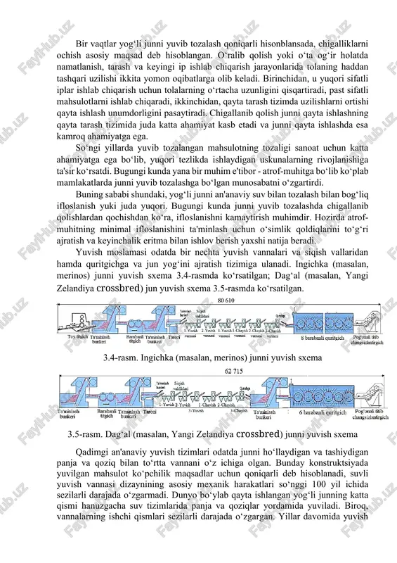 tartibi vaqt, kimyoviy moddalar va energiya jihatidan juda qimmat edi. xx asrning ikkinchi yarmida avstraliya va yangi zelandiyada katta tadqiqot ishlari junni tozalash samaradorligi va unimdorligini oshirishga bag‘ishlandi. ko‘pgina ishlanmalar orasida yuvish vannalari va uskunalar konstruktsiyasiga muhim o‘zgarishlar mavjud, masalan: · suv, energiya va joyni tejash uchun idishlarning uzunligi va hajmini qisqartirish · vannaning pastki qismidagi iflosliklarni oson va bir xilda olib tashlash uchun har bir idish uchun burchaklari pastka qarab qiya dizaynga birlashtirish · xizmat muddatini oshirish va karroziyani kamaytirish uchun ishlab chiqarishda zanglamaydigan po‘latdan foydalanishni ko‘paytirish · energiyani tejash uchun issiqlik almashinuvi kamaytirish. boshqa muhim yangiliklar junni tozalash jarayonining to‘liq avtomatik boshqaruvi bo‘ldi, jumladan: · yuvish joyiga etkazib berish tezligini doimiyligini ta'minlash uchun tarozi usulida ta’minlash · yuvish vositalarining miqdorini o‘zgaruvchan tezlikli dozalash nasoslari yordamida tartibga solish · quritgichning barqaror ishlashini ta'minlash uchun junni quritish va tiklash shartlarini onlayn aniqlash · jun oqava suvlarini samarali va ekologik jihatdan …