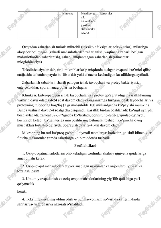 b keladigan xodimlar shahsiy gigiyena qoidalariga amal qilishi kerak. 2. oziq- ovqat mahsulotlari tayyorlanadigan uskunalar va anjomlarni yuvish va tozalash lozim 3. umumiy ovqatlanish va oziq-ovqat mahsulotlarining yig‘ilib qolishiga yo‘l qo‘ymaslik kerak. 4. toksiinfeksiyaning oldini olish uchun hayvonlarni so‘yishda va fermalarda sanitariya- veterenariya nazorati o‘rnatiladi. 5. oziq-ovqat ob’ektlarining xizmatchilarini tibbiy tekshiruvidan o‘tkazish va ular batsilla emasligini tekshirib ko‘rish shart. toksikozlarga botulizm hamda stafilokkokli toksikozlar kiradi. mavzu bo‘yicha yoritilishi lozim bo‘lgan savollar: -ovqatlanishni organizm uchun ahamiyati to‘g‘risida tushuncha -oqilona oqkatlanishga bo‘lgan gigiyenik talablar -organizmda energiya sarfini aniqlash usullari -oziq ovqat mahsulotlarining tarkibiy qismlari va ularni organizm uchun ahamiyati -taomnoma qaerlarda tuzilishi va uni tuzishda qatnashadigan shaxslar -oziq-ovqat maxsulotlarini miqdor ko‘rsatkichlari -taomnomani tuzishga bo‘lgan asosiy talablar - ovqatdan zaxarlanish turlari - ovqatdan zaxarlanish profilaktikasi mavzu bo’yicha savollar 1. ovqatdan zaharlanishlar haqida ayting? 2. ovqatdan zaharlanishlar klassifikatsiyasini ayting? 3. mikrobli ovqatdan zaharlanishlar toksikoinfeksiyalar haqida ayting? 4. salmanellyozlar klinikasi va epidimiologiyasi haqida ayting? 5. …