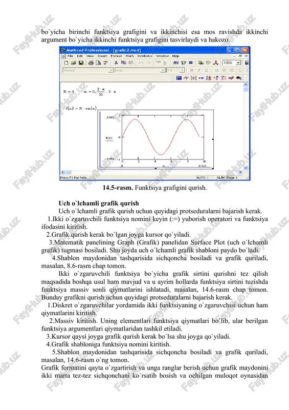 5 -rasm). grafik formatini qayta o`zgartirish uchun grafik maydonini ikki marta tez-tez sichqonchani ko`rsatib bosish va ochilgan muloqot oynasidan kerakli o`zgarishlarni qilish kerak. agar bir necha funktsiyalar grafigini qurish kerak bo`lsa va ular argumentlari har xil bo`lsa, u holda grafikda funktsiyalar va argumentlar nomlari ketma-ket vergul qo`yilib kiritiladi. bunda birinchi grafik birinchi argument bo`yicha birinchi funktsiya grafigini va ikkinchisi esa mos ravishda ikkinchi argument bo`yicha ikkinchi funktsiya grafigini tasvirlaydi va hakozo. 14.5-rasm. funktsiya grafigini qurish. uch o`lchamli grafik qurish uch o`lchamli grafik qurish uchun quyidagi protseduralarni bajarish kerak. 1.ikki o`zgaruvchili funktsiya nomini keyin (:=) yuborish operatori va funktsiya ifodasini kiritish. 2.grafik qurish kerak bo`lgan joyga kursor qo`yiladi. 3.matematik panelining graph (grafik) panelidan surface plot (uch o`lchamli grafik) tugmasi bosiladi. shu joyda uch o`lchamli grafik shabloni paydo bo`ladi. 4.shablon maydonidan tashqarisida sichqoncha bosiladi va grafik quriladi, masalan, 8.6-rasm chap tomon. ikki o`zgaruvchili funktsiya bo`yicha grafik sirtini qurishni tez qilish maqsadida boshqa …