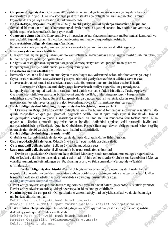 lari moliyaviy hisobotlarda alohida qayd etiladi. korporativ obligatsiyalar hisob-kitobi murakkab moliyaviy operatsiyalarni o‘z ichiga oladi. ular kompaniyaning uzoq muddatli qarz majburiyatlarini boshqarishda muhim rol o‘ynaydi. diskont va premiumlarni hisobga olish, foiz to‘lovlarini to‘g‘ri qayd etish va amortizatsiya jarayonini to‘g‘ri yuritish kompaniyaning moliyaviy holatini aniq aks ettiradi. bu hisob-kitoblar korporativ moliyalashtirish va investorlar bilan hisob-kitoblar jarayonini samarali boshqarish uchun zarur. 3.obligatsiyalarni aksiyadorlik jamiyatlari aksiyalariga konvertirlash (almashlash) obligatsiyalarni aksiyadorlik jamiyatlari aksiyalariga konvertirlash (almashlash) – bu kompaniya tomonidan chiqarilgan konvertatsion obligatsiyalarni oldindan belgilangan shartlar asosida aksiyalarga almashtirish jarayoni. konvertatsion obligatsiyalar egasi qarzdorlik qimmatli qog‘ozini kompaniya aksiyadoriga aylantirish imkoniyatiga ega bo‘ladi, bu esa kompaniya uchun qarzini qisqartirish va aksiyadorlik kapitalini oshirish imkonini beradi. ushbu jarayon moliya bozorida keng tarqalgan bo‘lib, turli kompaniyalar tomonidan qo‘llaniladi. quyida ushbu mexanizmni tushuntirish uchun hayotiy misollar keltiriladi. 1. tesla kompaniyasi misolida konvertatsiya tesla 2019-yilda katta miqdorda konvertatsion obligatsiyalar chiqarib, investorlarni jalb qilgan. ushbu obligatsiyalar 2021-yilda aksiyalarga almashtirilishi mumkin edi. …