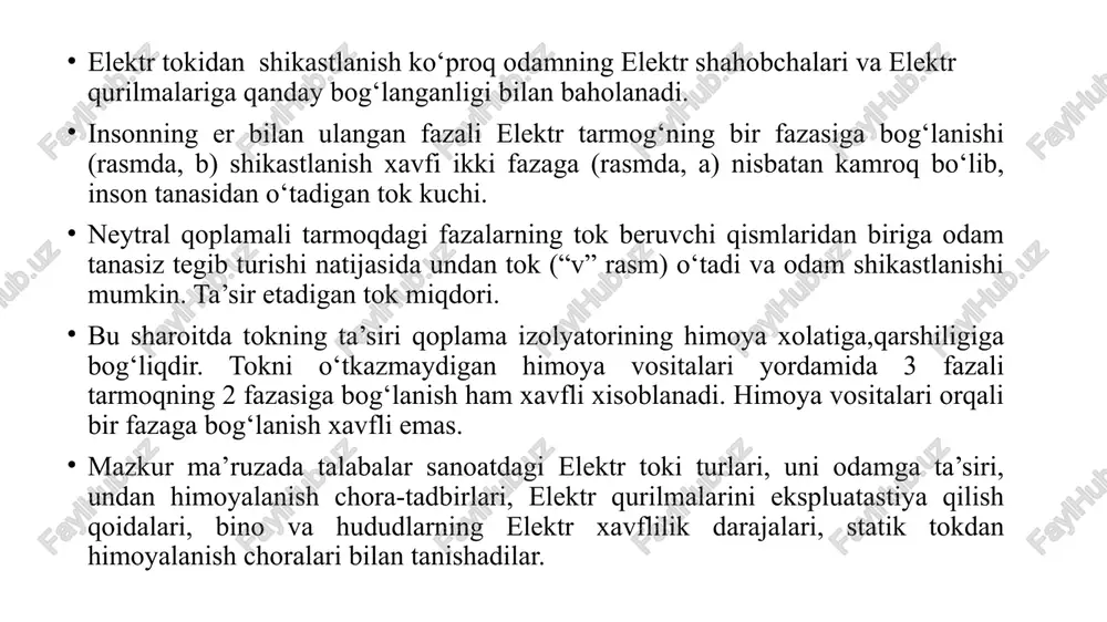 ko‘rsatish, ularning ishlash muddatini oshiradi, bu ishni ham servis markazlarida yoki shu ishni biladigan mutaxassis bajarishi kerak; -kesuvchi, arralovchi, teshuvchi asboblarni almashtirishda yoki kabel simini tekshirishda vilka, shtekker rozetkadan chiqarilgan bo‘lishi shart; -sozlash, qotirish ishlarini bajargandan keyin ularni olib qo‘yish yoddan chiqmasligi lozim; -elektr asboblari bilan ishlayotganda katta e’tibor bilan ishlanayotgan joyga qarab turish,ishlovchi o‘zini yig‘ib olgan holda bo‘lishi lozim; -alkogol ichib elektr asboblar bilan ishlash qat’iyan man etiladi; -ish boshlashdan oldin elektr asbobining texnik sozligini uning elementlarini ishonchli ishlashini tekshirib ko‘rish kerak; -agar elektr rozetkalar tokni vilka- shtepsillar yoki kabel sim orqali o‘tkazmasa elektr asboblarini ishlatish man etiladi; elektr asboblarini ta’mirlash, texnik xizmat ko‘rsatish ishlarini mutaxassislar bajarsa baxtsiz hodisalar oldi olinadi. elektromagnit va nurlar; infroqizil (issiqlikdan) nurlari- elektr uzatuvchi chiziqlar , transformatorlar, tarqatish kichik stanstiyalari, yuqori chastota chiqaradigan uskunalar, indukstiya orqali quritish, elektr lampali generatorlar, yuqori tok chastotali uskunasi, televizor,kompyuterlar ekranlari,displeyer, antennalar, qizitilgan yuza, alanga va boshqalar. lazer nurlari, …