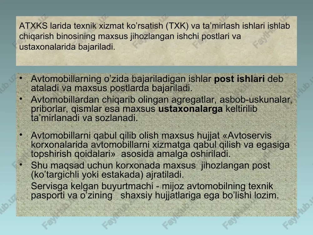 qismlarga ajratish-yig’ish, diagnostik va sozlash ishlari vaqtidan, balki yangi ehtiyot qismlar olish yoki detallarni ustaxonalarda tiklash vaqtlarini ham o’z ichiga oladi. avtomobillarga tx ko’rsatish va ta’mirlash ishlari uchun haq barcha avtoservis korxonalarida buyurtmachi – mijoz tomonidan davlat moliya organlari ma’qullagan maxsus narxnoma (preyskurant) lardagi narxlar asosida to’lanishi lozim. txk va ta’mirlashda foydalanilgan ehtiyot qismlar va asosiy materiallar narxi, bu narxnomalarda ko’rsatilmagan hollarda hisoblash erkin bozor narxlari asosida o’tkaziladi. narxnomalarda ko’rsatilmagan txk va ta’mirlash ishlari uchun to’lov, mijoz bilan kelishilgan holda korxona rahbari tasdiqlagan ish vaqti me’yori va 1 me’yor- soatning narxi asosida hisoblanadi, bunda ishlarni bajarish sharoitlari (normal yoki zararli) ham ko’zda tutiladi. kuzovlarni ta’mirlashdagi tunukasozlik, payvandlash ishlari ta’mirlashning turlariga (ishlarning bajarilishi murakkabligiga) qarab belgilanadi: 1-son ta’mirlash -asboblar bilan oson yetisha oladigan joylardagi shikastlarni (deformatsiyalarni) to’g’rilash (kuzov sirtining 20% gacha); 2-son ta’mirlash– shikastlangan joylarni payvandlash bilan to’g’rilash yoki 1-son ta’mirlashni 50% kuzov sirtida bajarish; 3-son ta’mirlash - shikastlangan joylarni ochish, …