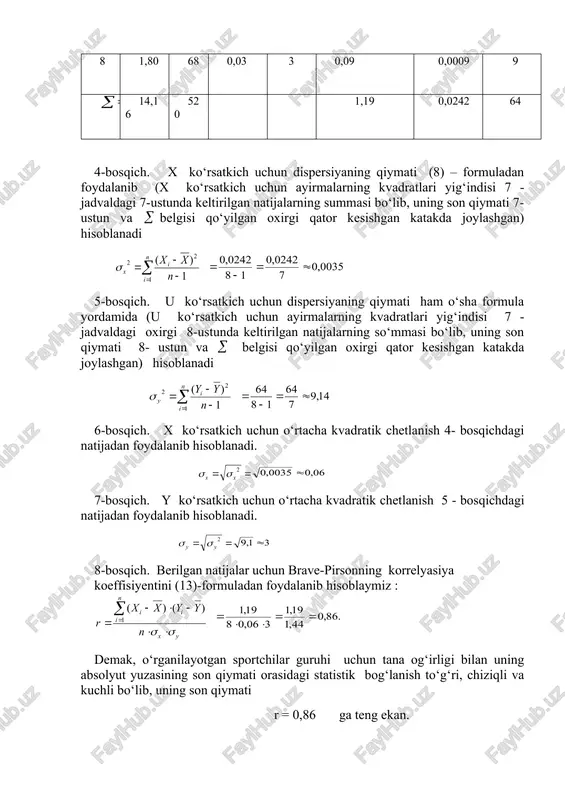 ydalanib quyidagicha yozamiz : x = a2 + b x \ u • u = 0,47 + 0,02 · u (29) x ko‘rsatkichning u bo‘yicha regressiya tenglamasi (teskari tenglama). 13-bosqich. qoldiqli o‘rtacha kvadratik chetlanishning qiymatini quyidagicha hisoblaymiz : biroq, bu qoldiqli o‘rtacha kvadratik chetlanishlar absolyut qiymat sifatida bao‘olanadilar va, demak, ularni biri-biri bilan taqqoslab bo‘lmaydi. shuning uchun, regressiya tenglamalarining xatoligi darajasini son qiymati jihatidan baholaydigan nisbiy xatoligi tushunchasi kiritiladi va ularni aniqlash uchun quyidagi matematik ifodalardan foydalaniladi : regressiya tenglamalarini koordinata tekisligida ifodalash. 14-bosqich. regressiya tenglamalarining xatoligi darajasini son qiymati baholanadi . 15-bosqich. (28) va (29) tenglamalardan foydalanib regressiya to‘g‘ri chiziqlarini koordinata tekisligida ifodalaymiz (rasmga qarang). xulosalar. 1. agar sportchining og‘irligi 1 kg ga ortsa, uning tanasi absolyut yuzasi (regressiya tenglamasining parametri m2/kg bo‘lganligi sababli) 0,02 m2 ga ortadi. 2. agar sportchi tanasining absolyut yuzasi 1 m2 ga ortsa, uning og‘irligi (regressiya tenglamasining parametri kg/m2 bo‘lganligi sababli) 43 kg ga …