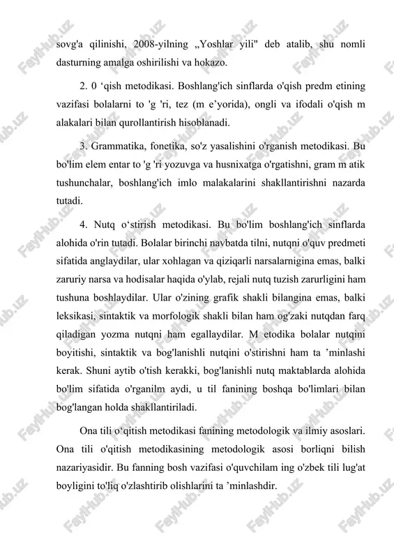 quroliga aylantirish hisoblanadi. m etodik fan sifatida ona tili o'qitish metodikasi boshlang'ich ta’lim standard belgilab bergan vazifalarni amalga oshiradi, ya’ni tafakkur qilish faoliyatlarini kengaytirish, erkin fikrlay olish, o ‘z fikrini og‘zaki va yozma ravishda ravon bayon qila olish, jamiyat a ’zolari bilan erkin m uloqotda bo‘la olish ko‘nikma va malakalarini rivojlantirishga oid m etod va usullami ishlab chiqadi. bilish nazariyasiga ko‘ra analitik-sintetik ishlar yordamida til ustida kuzatishdan um umiy xulosa chiqarishga, nazariy ta ’rif va qoidaga, shular asosida yana og‘zaki va yozma tarzdagi nutqiy aloqaga, to ‘g‘ri yozuv va to ‘g‘ri talaffuzga o ‘tiladi. o'quvchilar jonli nutqiy aloqaga to‘g‘ri talaffuz va to ‘g‘ri yozuvni elem entar nazariy m a’lum otlar asosida amaliy egallash orqali kirishadilar. ular til materiallarini kuzatish, tahlil qilish orqali elem entar nazariy qoidalar chiqaradilar, o'rgangan va o'zlashtirilgan nazariy qoidalarni amaliyotga ongli ravishda tatbiq etadilar. m aktabda ona tili o'qitish metodikasining bunday yo'nalishi haqiqatni bilish qonuniyatlariga ham , …