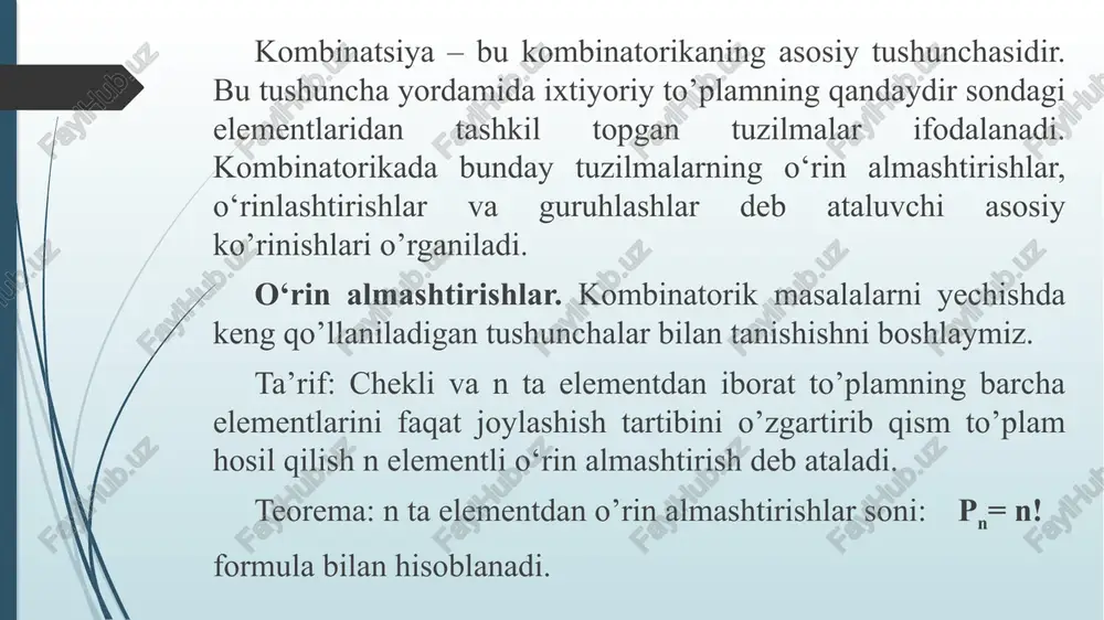 krorlash uchun masalalar guruh o‘n yetti talaba, guruh boshlig‘i va uning yordamchisidan iborat. guruh talabalari o‘z vazifalarini necha usulda taqsimlashlari mumkin? guruh guruh boshlig‘i, uning yordamchisi va 20 ta talabadan iborat. ba’zan bitta talaba barcha vazifalarni bajarish uchun yetarli bo‘lsa, guruh talabalari o‘z vazifalarini necha usulda taqsimlashlari mumkin? 25 ta talaba o‘qiydigan guruhdan 6 ta talabani musobaqaga jo‘natish kerak. agar guruh boshlig‘i va 2 ta yordamchi bir paytda jo‘namasligi lozim bo‘lsa, bunday jo‘natishlar soni qancha bo‘ladi? yoyilmaning beshinchi hadini oltinchi hadiga nisbati ga teng bo‘lishi uchun binomda m ning qanday qiymatida naturol darajaga ko‘tarish kerak. agar har bir sonda bir xil raqamlar ishtirok etishi mumkin bo‘lsa, 7, 5,3,4,6 raqamlaridan 2 ga bo‘linadigan nechta 4 xonali sonlar tuzish mumkin? foydalanilgan adabiyotlar: a. xudoyberganov “matematika”, darslik, toshkent, “o’qituvchi”-1980 yil. p.ibragimov “matematikadan masalalar to’plami”, o’quv qo’llanma, toshkent, “o’qituvchi”-1995 yil. p.azimov, h.sherboyev, sh.mirhamidov, a.karimova “matematika”, o’quv qo’llanma, toshkent, “o’qituvchi”-1992 yil. j. ikromov “maktab matematika …