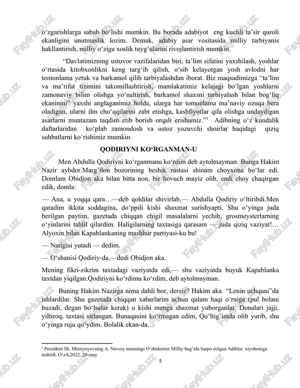 i” yaxshi anglaganimiz holda, ularga har tomonlama ma’naviy ozuqa bera oladigan, ularni ilm cho‘qqilarini zabt etishga, kashfiyotlar qila olishga undaydigan asarlarni muntazam taqdim etib borish orqali erishamiz.” adibning o‘z kundalik daftarlaridan ko‘plab zamondosh va ustoz yozuvchi shoirlar haqidagi qiziq suhbatlarni ko‘rishimiz mumkin. qodiriyni ko‘rganman-u men abdulla qodiriyni ko‘rganmanu ko‘rdim deb aytolmayman. bunga hakim nazir aybdor.marg’ilon bozorining beshik rastasi shinam choyxona bo‘lar edi. domlam obidjon aka bilan bitta non, bir hovuch mayiz olib, endi choy chaqirgan edik, domla: — ana, u yoqqa qara…—deb qoldilar shivirlab,— abdulla qodiriy o‘ltiribdi.men qaradim ikkita soddagina, do‘ppili kishi shaxmat surishyapti. shu o‘yinga juda berilgan paytim, gazetada chiqqan chigil masalalarni yechib, grosmeysterlarning o‘yinlarini tahlil qilardim. haligilarning taxtasiga qarasam — juda qiziq vaziyat!… alyoxin bilan kapablankaning mashhur partiyasi-ku bu! — narigisi yutadi — dedim. — o‘shanisi qodiriy-da,—dedi obidjon aka. mening fikri-zikrim taxtadagi vaziyatda edi,— shu vaziyatda buyuk kapablanka taxtdan yiqilgan.qodiriyni ko‘rdimu ko‘rdim, deb aytolmayman. buning hakim nazirga nima …