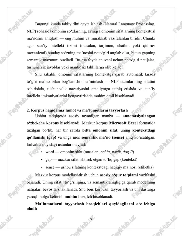juda ommabop. omonim sifatlar bilan ishlashda har bir gapdagi sifatning qaysi semantik ma’noga ega ekanligini aniqlash — bu aslida tasniflash vazifasidir. chunki biz har bir gapga etiketlangan ma’no (masalan, “yorug‘” yoki “xushfe’lli”) bilan qaraymiz. shunday qilib, har bir omonim sifat uchun alohida logistik regressiya modeli tuzilib, u gap kontekstiga qarab ehtimollik bilan qaror chiqaradi. logistik regressiya modeli quyidagi matematik formula asosida quriladi: p(y=1∣x)=11+e−(w⋅x+b)p(y=1|x) = \frac{1}{1 + e^{-(w \cdot x + b)}}p(y=1∣x)=1+e−(w⋅x+b)1​ bu yerda: · xxx — kiritilgan gap (korpusdagi matn) tf-idf yordamida raqamli vektorga aylantirilgan. · www — model tomonidan o‘rganiladigan og‘irliklar vektori. har bir so‘zga model qanday ahamiyat berishini bildiradi. · bbb — siljish (bias) parametri, modelga moslashuvchanlik beradi. · p(y=1∣x)p(y=1|x)p(y=1∣x) — ushbu gapda omonim sifatning ma’lum bir ma’noga tegishliligi ehtimoli. agar modelda ikkidan ortiq ma’no mavjud bo‘lsa, u multi-class logistik regressiya (softmax regression) shaklida ishlaydi. bu holatda quyidagi formuladan foydalaniladi: p(y=k∣x)=ewk⋅x+bk∑j=1kewj⋅x+bjp(y = k | x) = \frac{e^{w_k \cdot …