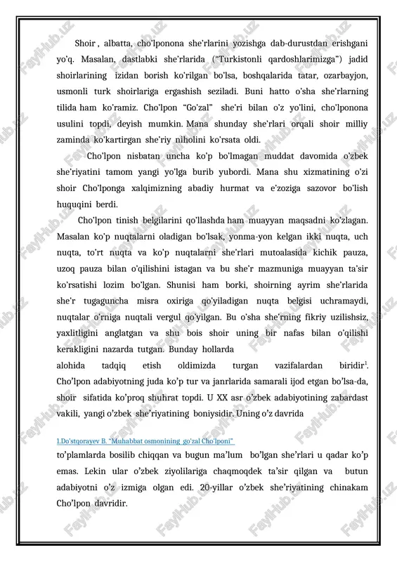 r oʼzbek ziyolilariga chaqmoqdek taʼsir qilgan va butun adabiyotni oʼz izmiga olgan edi. 20-yillar oʼzbek sheʼriyatining chinakam choʼlpon davridir. u sheʼriyatga juda erta kirib keldi. ilk sheʼrlaridanoq mil-liy shoir sifatida tanildi. masalan, bizga maʼlum boʼlgan va matbuotda chop etilgan ilk sheʼri «turkistonli qardoshlarimizga» oʼksik vatan — turkiston jarohatlari haqida edi. chunonchi, «maʼrifatsizlik balosiga yoʼliqqan», foydazararini unutgan, yaxshi-yomonini tanimaydigan, tor manfaatlari doirasida koʼmilib qolgan, «topganini boshqalarga berib», oʼzi «ochyalangʼoch» qolgan, bir soʼz bilan aytganda, millat sifatida adoyi tamom boʼlgan «bizni xalq» haqida edi. ismoilbek gasprinskiy vafotiga bagʼishlab yozgan marsiyasida buyuk islohotchining «uygʼotguvchi ustod»ligiga diqqatni qaratdi. 1917 yil 28 noyabrdagi «turkiston muxtoriyati»ni olqishlab chiqdi, uni «ozod turk bayrami» sifatida qabul qildi. unga mehr-u muhabbatini izhor etdi. uni qoʼlga kiritgan vatan va xalqni sharafladi: muxtoriyat olindi, ishlar yoʼlga solindi. milliy marshlar cholindi, dushman oʼrtansun endi! hurriyat — bayrogʼimiz, adolat - oʼrtogʼimiz, hurriyat - bayrog’imiz, adolat - o’rtog’imiz turkistonli — shonimiz, turonli — unvonimiz, …