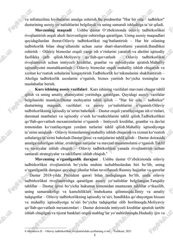 tadbirkorlikka jalb etilishini rag‘batlantiradi.oilaviy tadbirkorlik subyektlari – oilaviy korxonalar, kichik bizneslar, hunarmandchilik bilan shug‘ullanuvchi uy xo‘jaliklari mazkur dasturning asosiy obyekti hisoblanadi.mahalliy jamoalar – dastur faqat individual oilalar emas, balki butun mahalla va hududlarning iqtisodiy rivojlanishiga xizmat qiladi.moliyaviy va infratuzilma manbalari – kreditlar, grantlar, tadbirkorlikni rivojlantirish uchun ajratilgan davlat resurslari ham ushbu dastur doirasida muhim obyekt sifatida ko‘riladi.tadbirkorlikni qo‘llab-quvvatlovchi tashkilotlar – savdo-sanoat palatasi, banklar, mikrokredit tashkilotlari va tadbirkorlik markazlari oilaviy biznes rivojlanishini qo‘llab-quvvatlovchi obyektlardir.bu obyektlar "har bir oila – tadbirkor" dasturining muvaffaqiyatli amalga oshirilishiga ta’sir qiluvchi asosiy elementlardir. peredmeti. ushbu dastur oilaviy tadbirkorlikni rivojlantirishga qaratilgan bo‘lib, uning predmeti quyidagi asosiy yo‘nalishlarni o‘z ichiga oladi:oilaviy tadbirkorlik faoliyati – oilalar tomonidan tashkil etiladigan kichik bizneslar, hunarmandchilik, qishloq xo‘jaligi va xizmat ko‘rsatish sohalaridagi tadbirkorlik faoliyati dastur predmetining asosiy qismi hisoblanadi.tadbirkorlik ko‘nikmalarini shakllantirish – aholiga tadbirkorlik asoslarini o‘rgatish, biznes yuritish bo‘yicha treninglar va maslahatlar berish orqali ularning iqtisodiy faolligini oshirish.moliyaviy qo‘llab-quvvatlash – oilaviy tadbirkorlikni rivojlantirish …