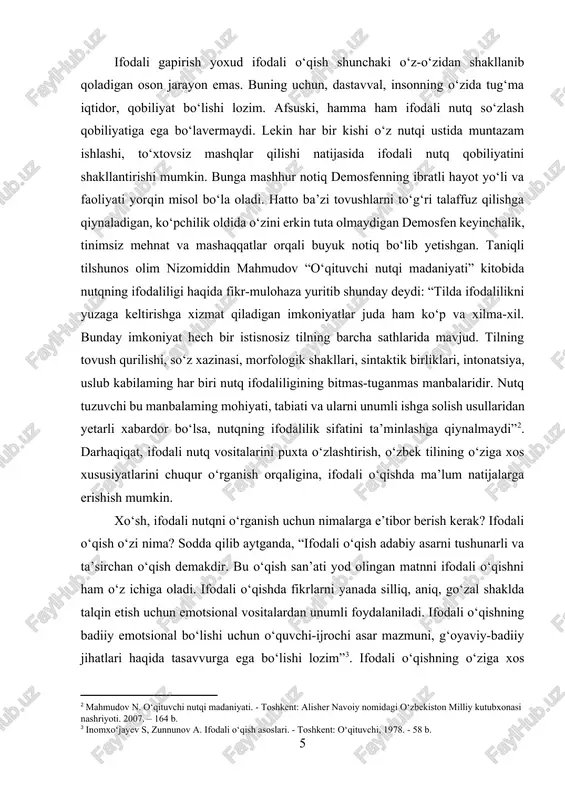 ional vositalardan unumli foydalaniladi. ifodali o‘qishning badiiy emotsional bo‘lishi uchun o‘quvchi-ijrochi asar mazmuni, g‘oyaviy-badiiy jihatlari haqida tasavvurga ega bo‘lishi lozim”[footnoteref:3]. ifodali o‘qishning o‘ziga xos xususiyati shundaki, u insonda tuyg‘u va kayfiyatlar hosil qiladi, aniqrog‘i, voqelikning his-tuyg‘uli qiyofasini yaratadi. ifodali o ‘qish jarayonida asar voqealari “jonlanadi”, qahramonlar “tilga kiradi”. o‘quvchi bir vaqtning o‘zida ham muallif, ham qiyofa (obraz) yaratuvchi, ham ijrochi sifatida namoyon bo‘ladi. demak, ifodali o‘quvchi ma’lum darajada aktyorlik san’atidan ham xabardor bo‘lishi lozim. ifodali nutq san’atini o‘rganishning muhim vositalardan biri badiiy asarlarni ko‘proq mutolaa qilishdir. asarning mazmun-mohiyati, qahramonlar xarakter xususiyati, maqsad va intilishlari chuqur o‘rganilgandagina og‘zaki talqinda asar ruhiga mos ohang va intonatsiya paydo bo‘ladi. badiiy asarlarni mutolaa qilish o‘quvchining dunyoqarashini kengaytirish barobarida adabiy tilni puxta o‘zlashtirishga, ifodali o‘qish san’atini egallashga yaqindan yordam beradi [3: inomxo‘jayev s, zunnunov a. ifodali o‘qish asoslari. - toshkent: o‘qituvchi, 1978. - 58 b.] adabiyot hayotni in’ikos ettirar ekan, u insonning o‘zini o‘ziga ko‘rsatuvchi …